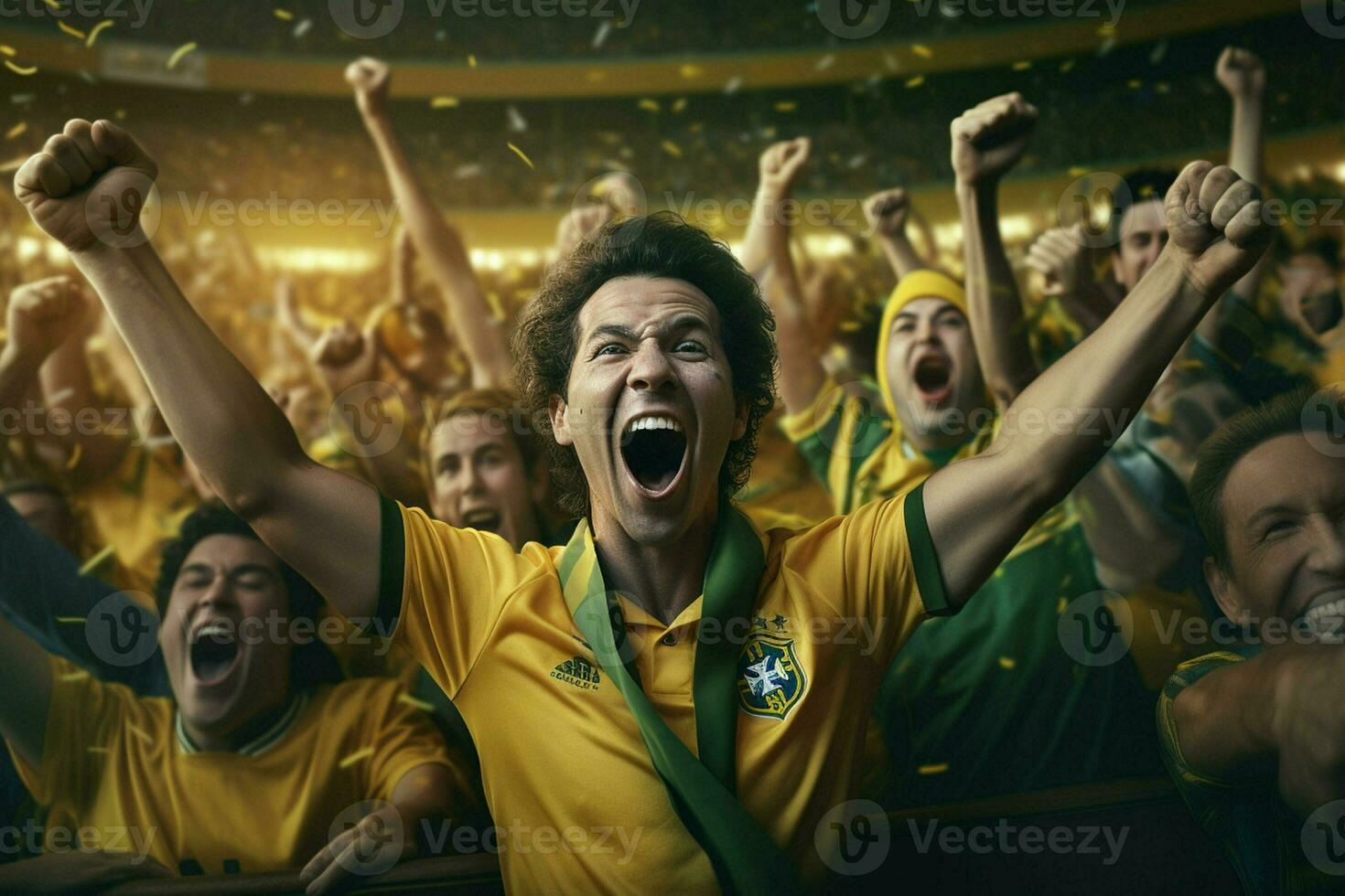 Excited Brazil football fans cheering for their team during a game at stadium. ai generated pro photo