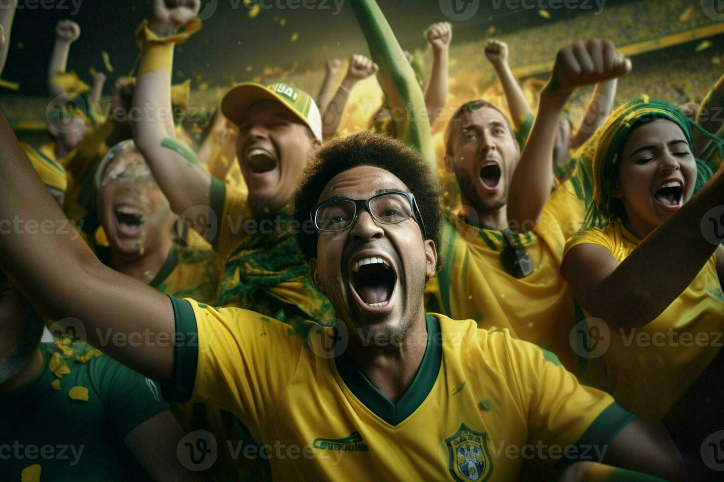 Excited Brazil football fans cheering for their team during a game at stadium. ai generated pro photo