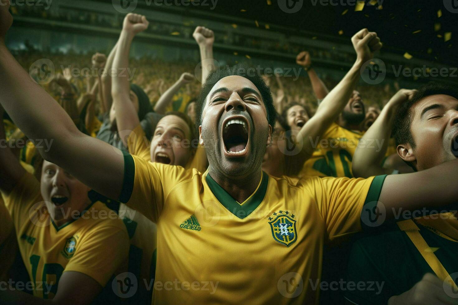 Excited Brazil football fans cheering for their team during a game at stadium. ai generated pro photo