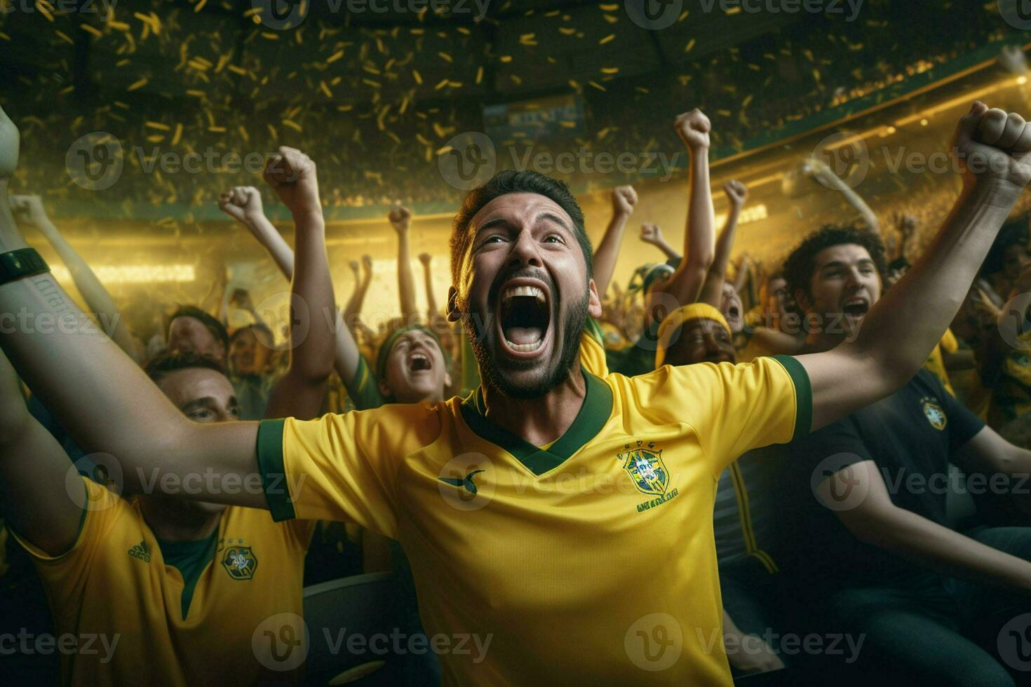 Excited Brazil football fans cheering for their team during a game at stadium. ai generated pro photo