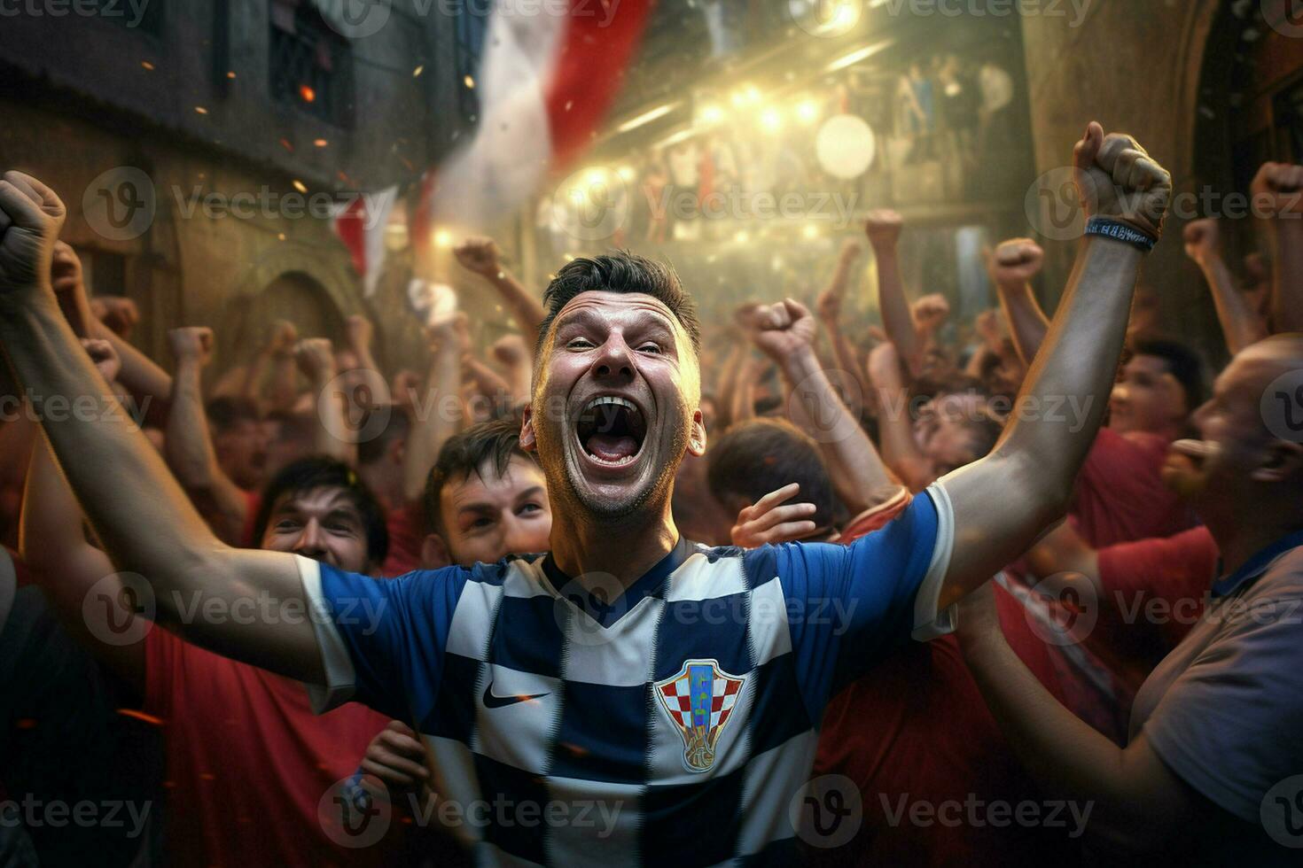 Excited Croatia football fans cheering for their team during a game at stadium. ai generated pro photo