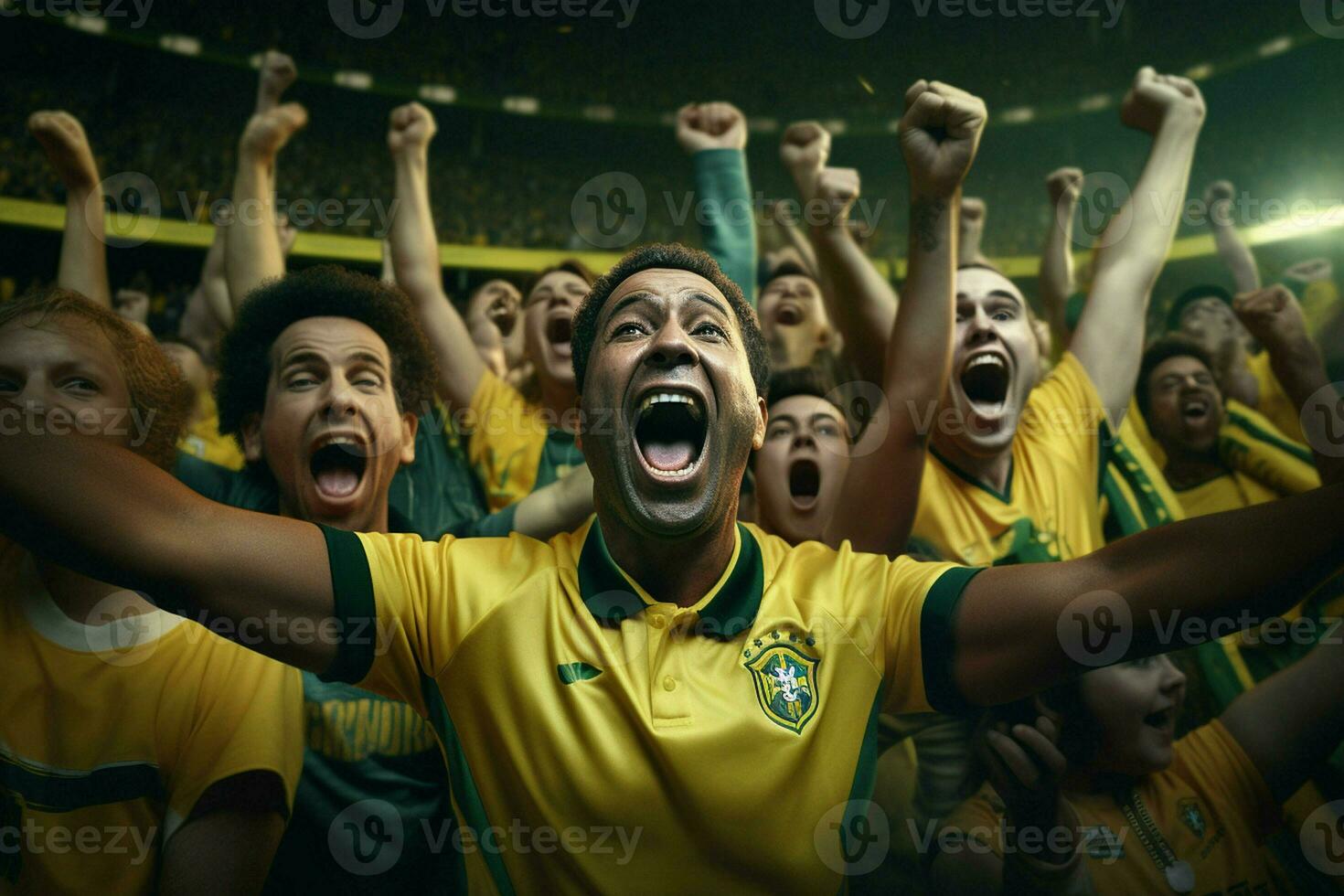 Excited Brazil football fans cheering for their team during a game at stadium. ai generated pro photo