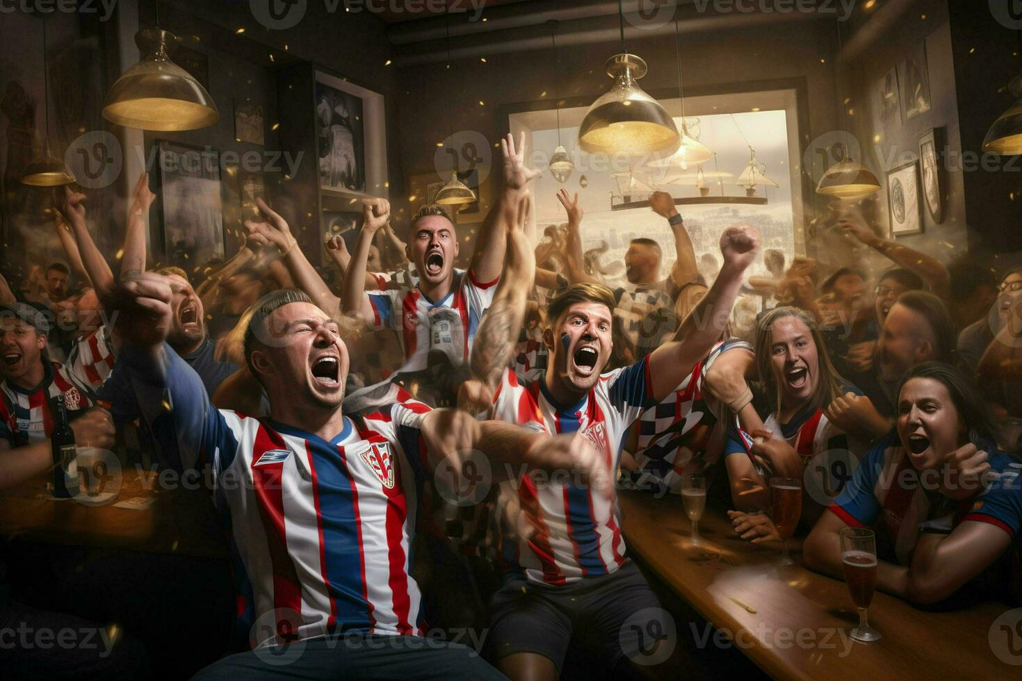 Excited Croatia football fans cheering for their team during a game at stadium. ai generated pro photo