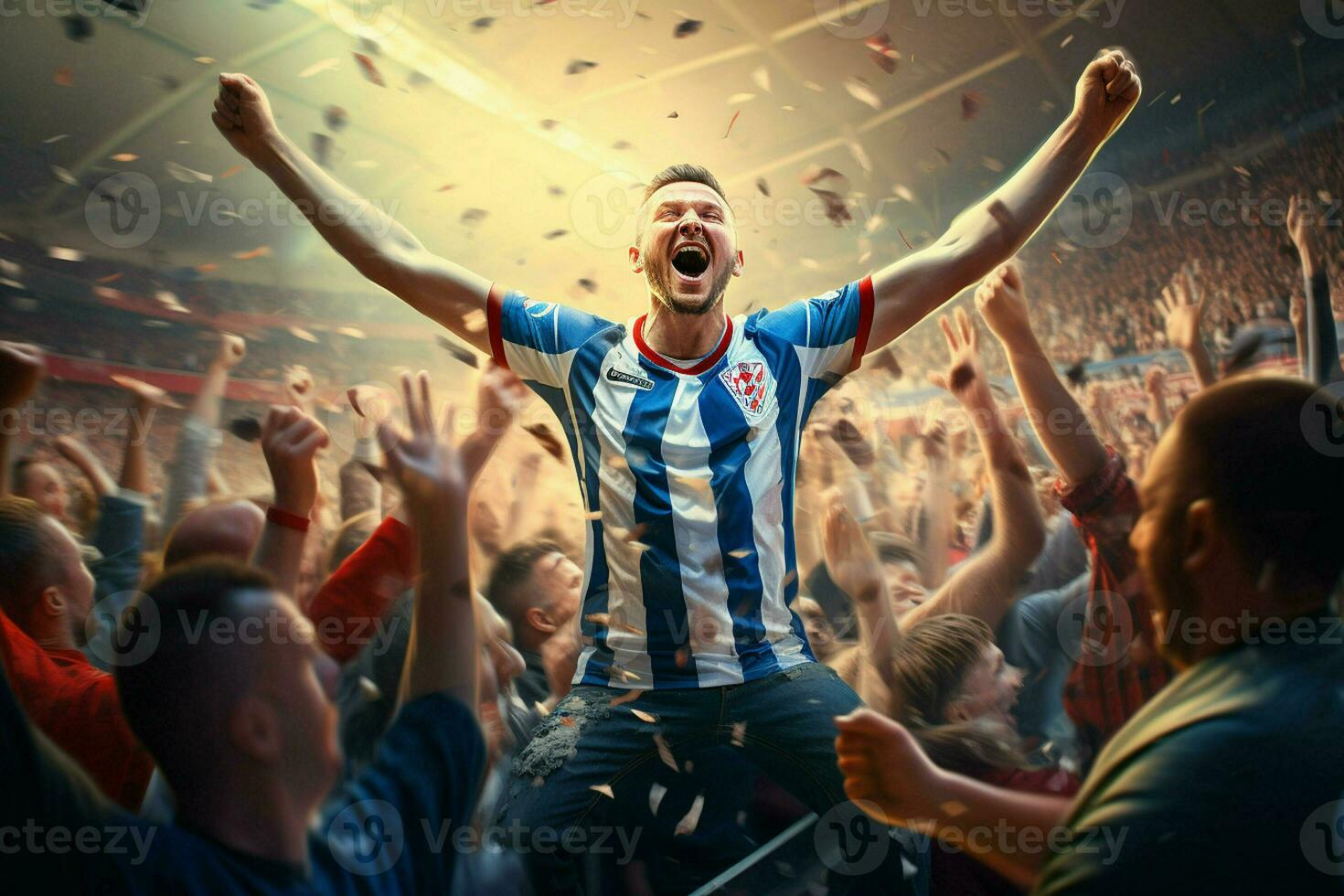 Excited Croatia football fans cheering for their team during a game at stadium. ai generated pro photo