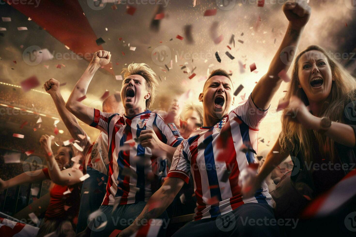 Excited Croatia football fans cheering for their team during a game at stadium. ai generated pro photo