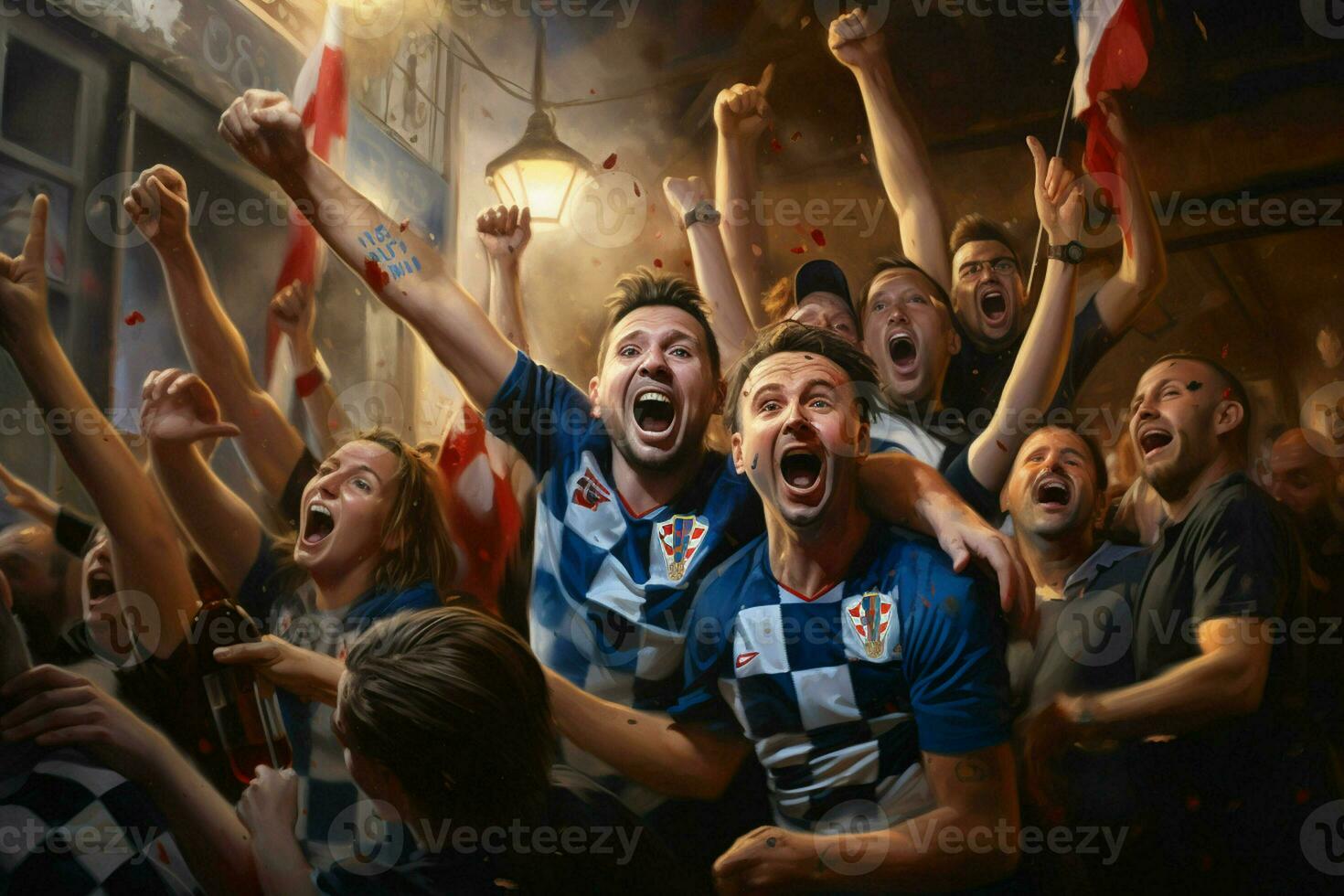 Excited Croatia football fans cheering for their team during a game at stadium. ai generated pro photo