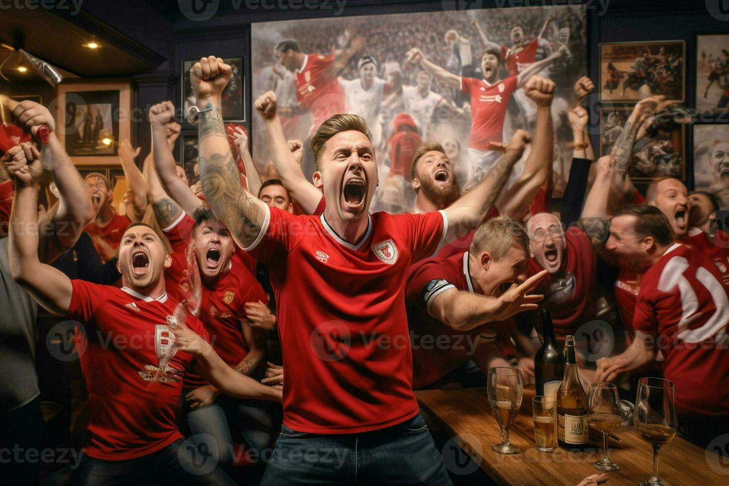 Excited England football fans cheering for their team during a game at stadium. ai generated pro photo
