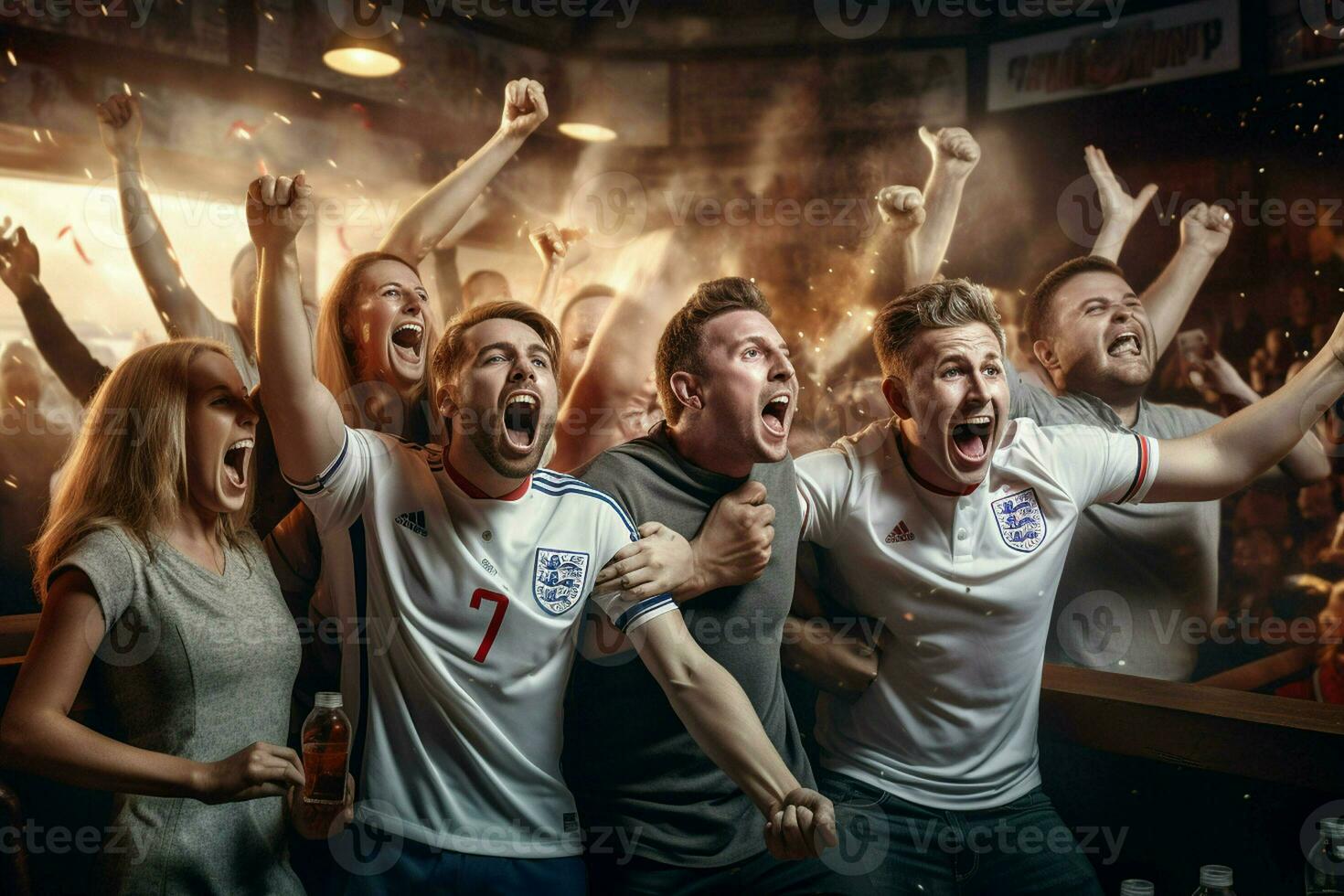 Excited England football fans cheering for their team during a game at stadium. ai generated pro photo