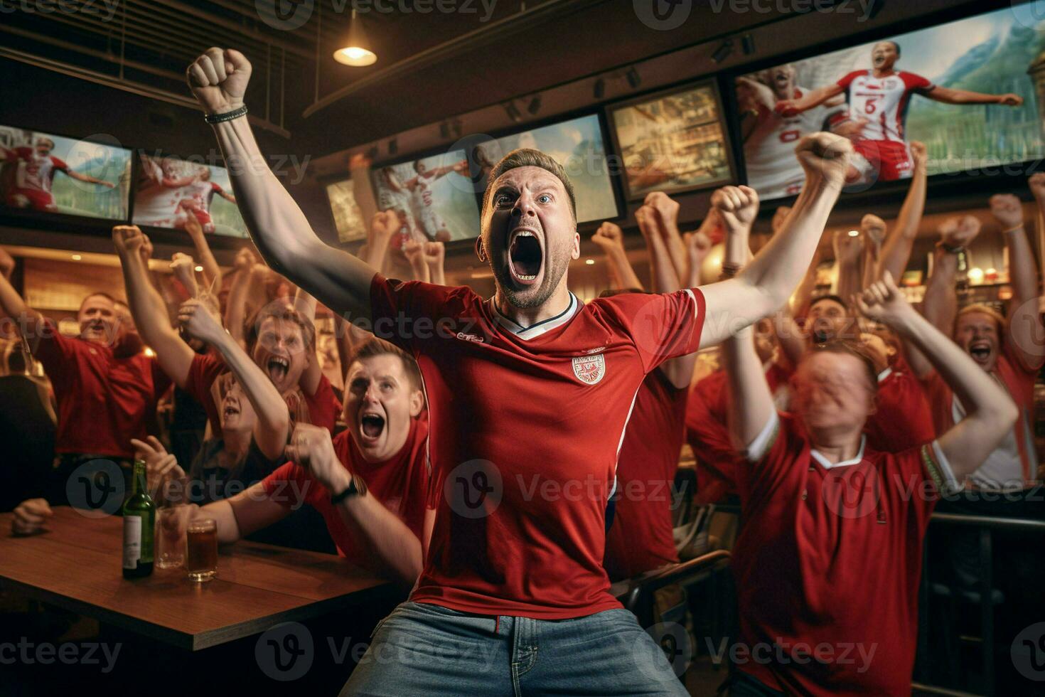 Excited England football fans cheering for their team during a game at stadium. ai generated pro photo