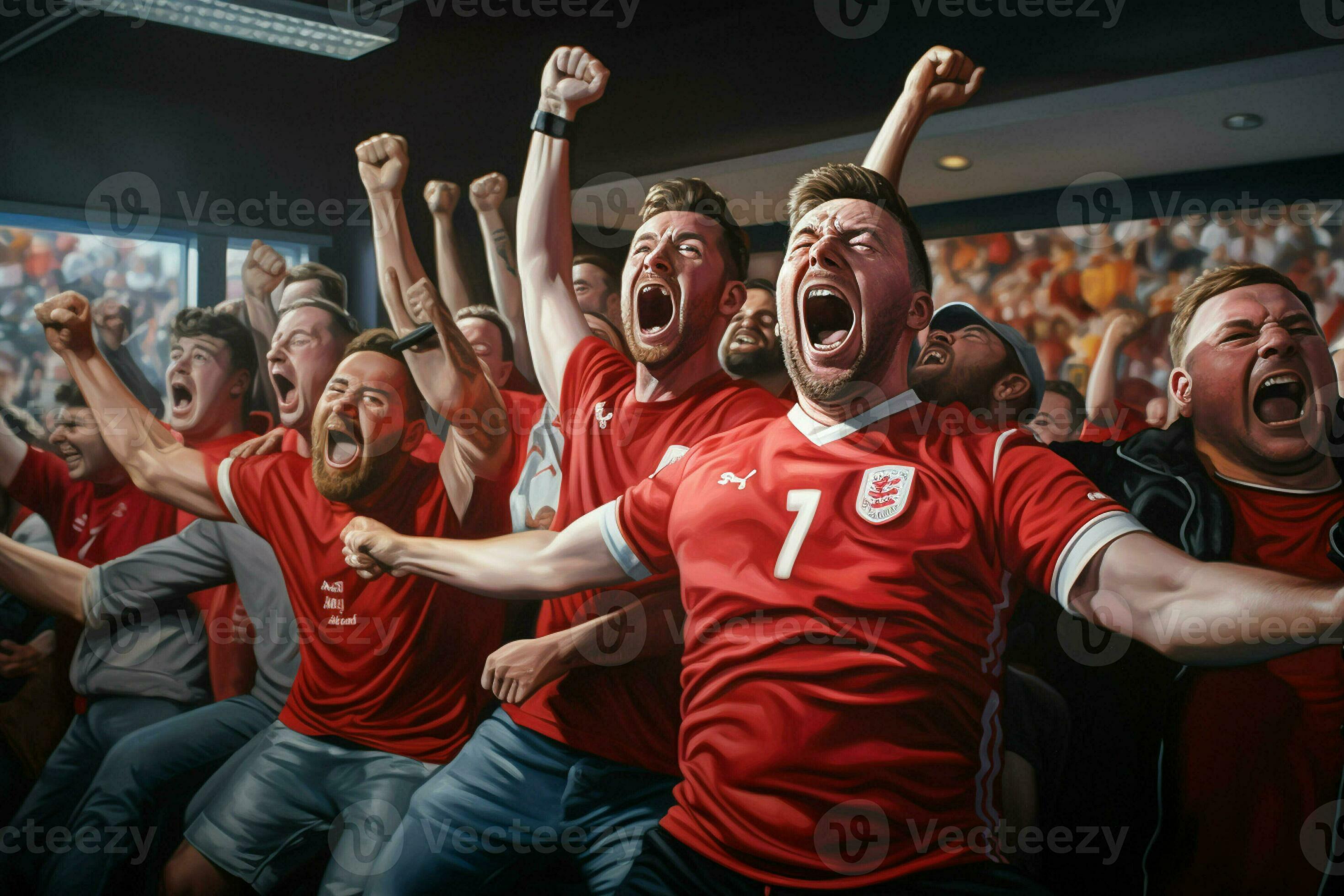 Excited England football fans cheering for their team during a game at
