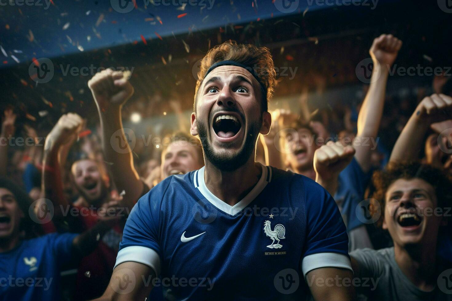 Excited France football fans cheering for their team during a game at stadium. ai generated pro photo