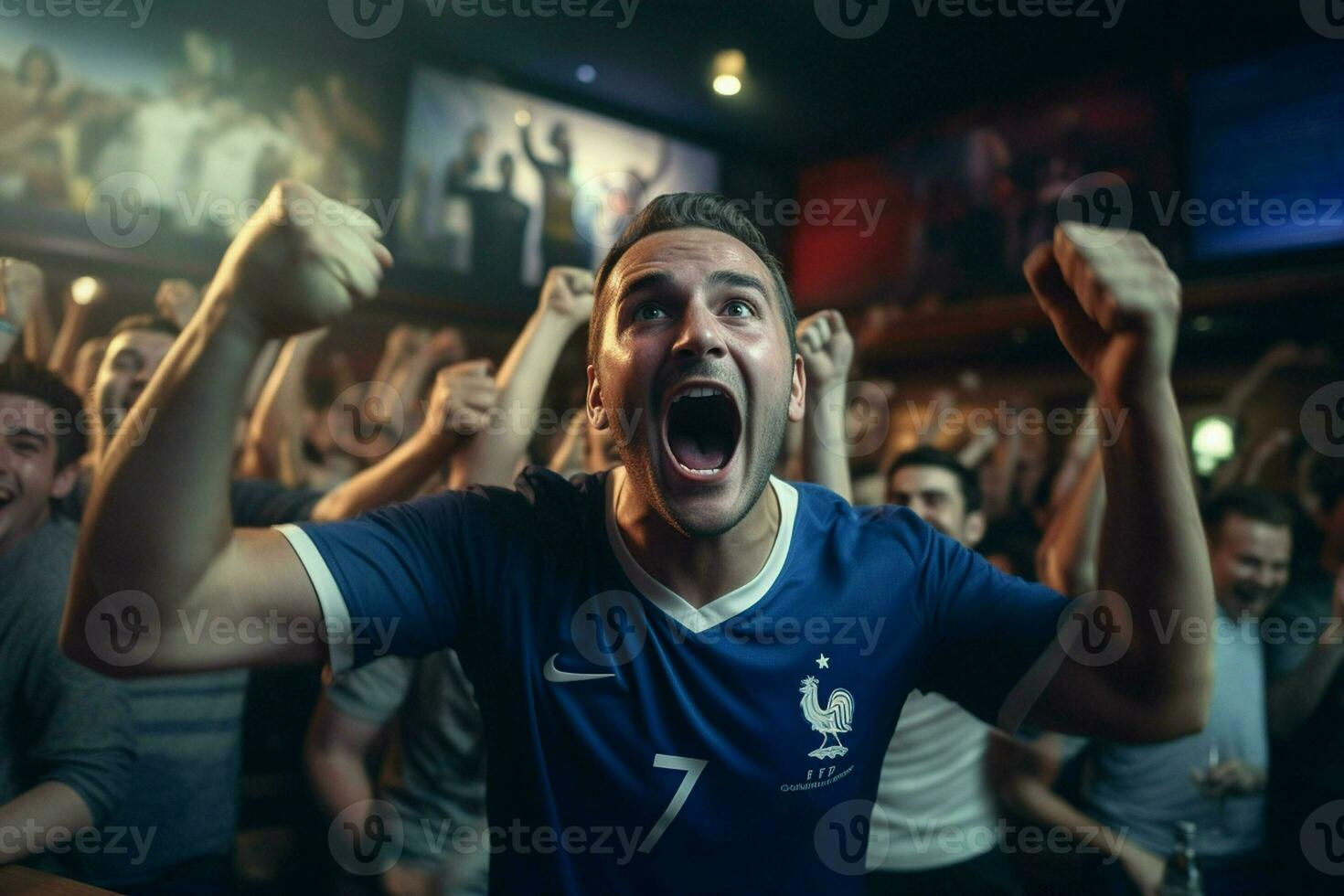 Excited France football fans cheering for their team during a game at stadium. ai generated pro photo