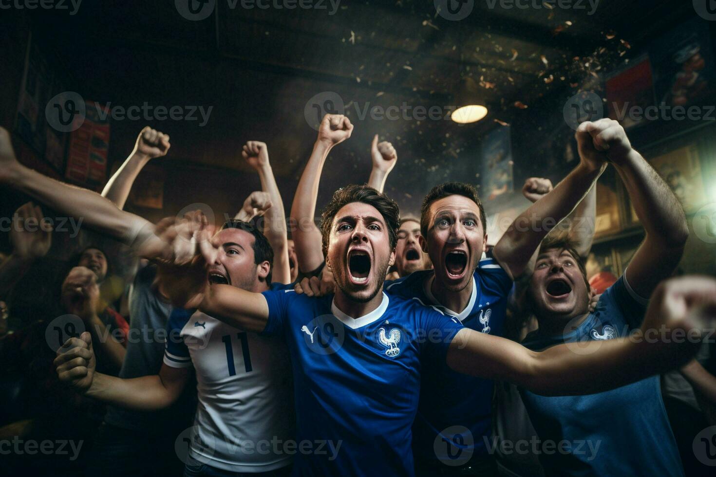 Excited France football fans cheering for their team during a game at stadium. ai generated pro photo