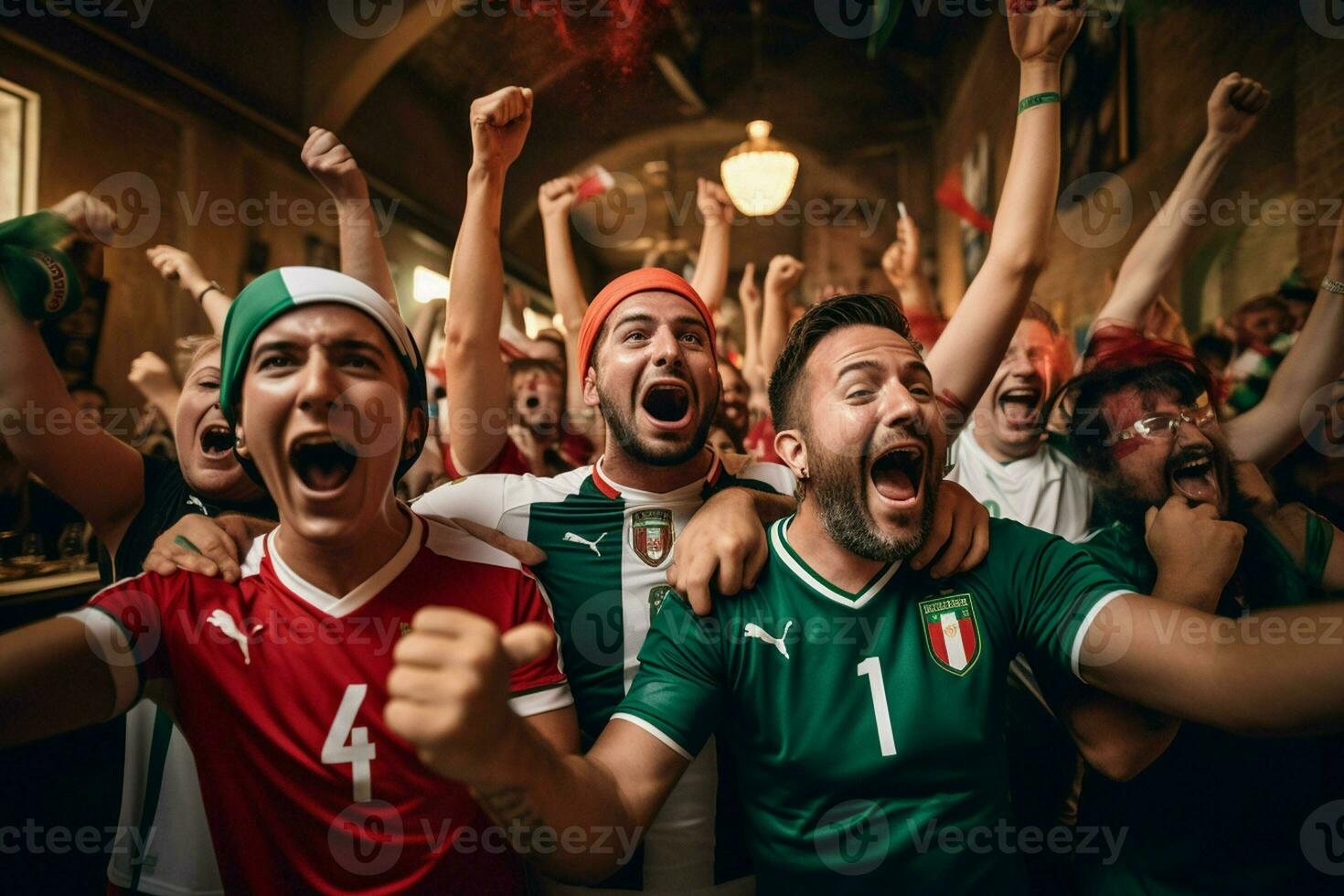 Excited Italy football fans cheering for their team during a game at stadium. ai generated pro photo