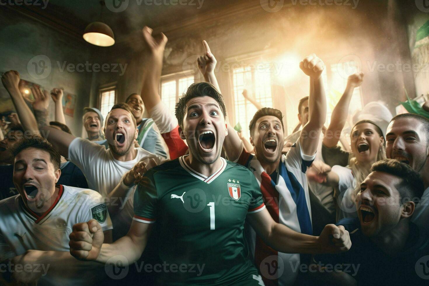 Excited Italy football fans cheering for their team during a game at stadium. ai generated pro photo