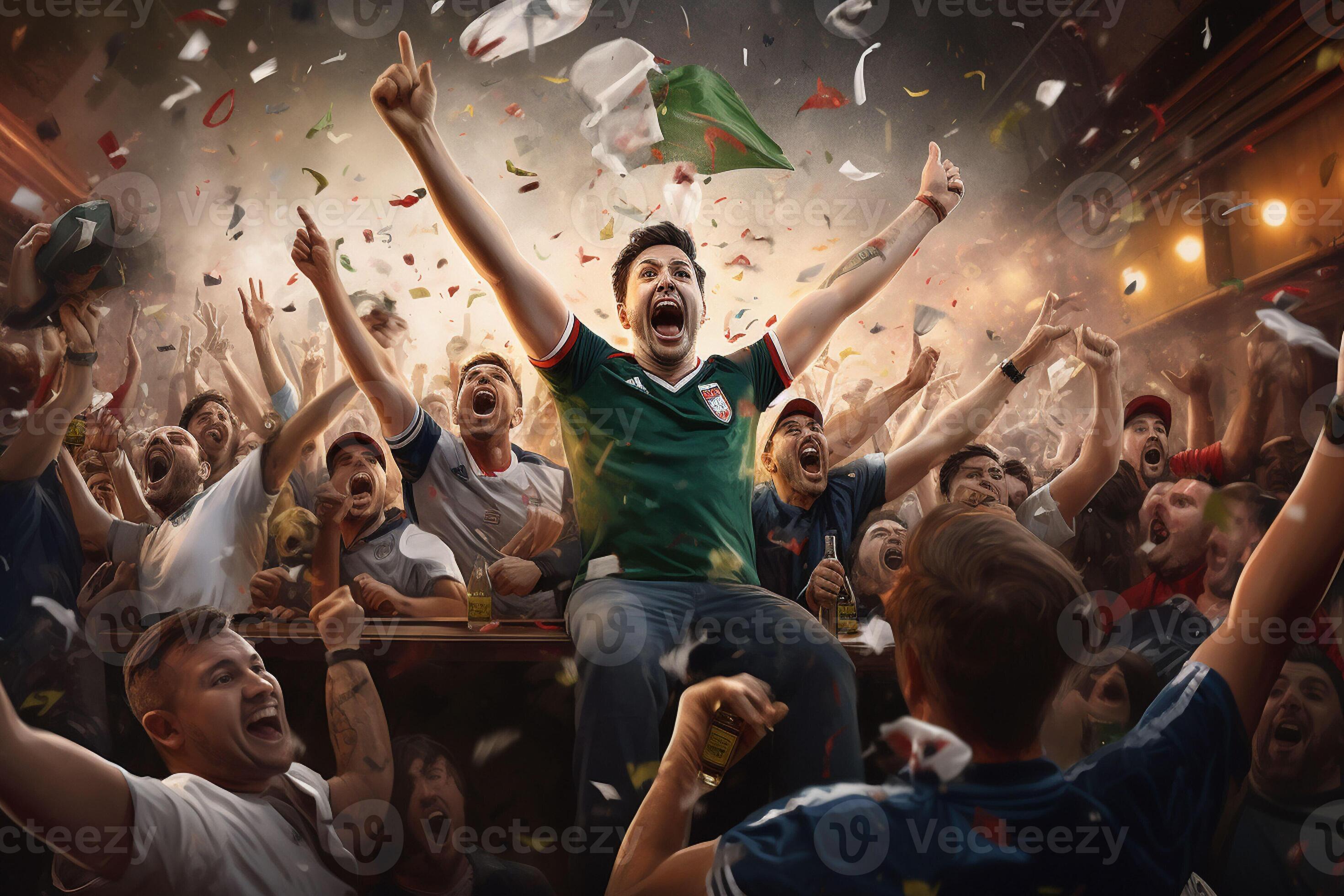 Excited Italy football fans cheering for their team during a game at