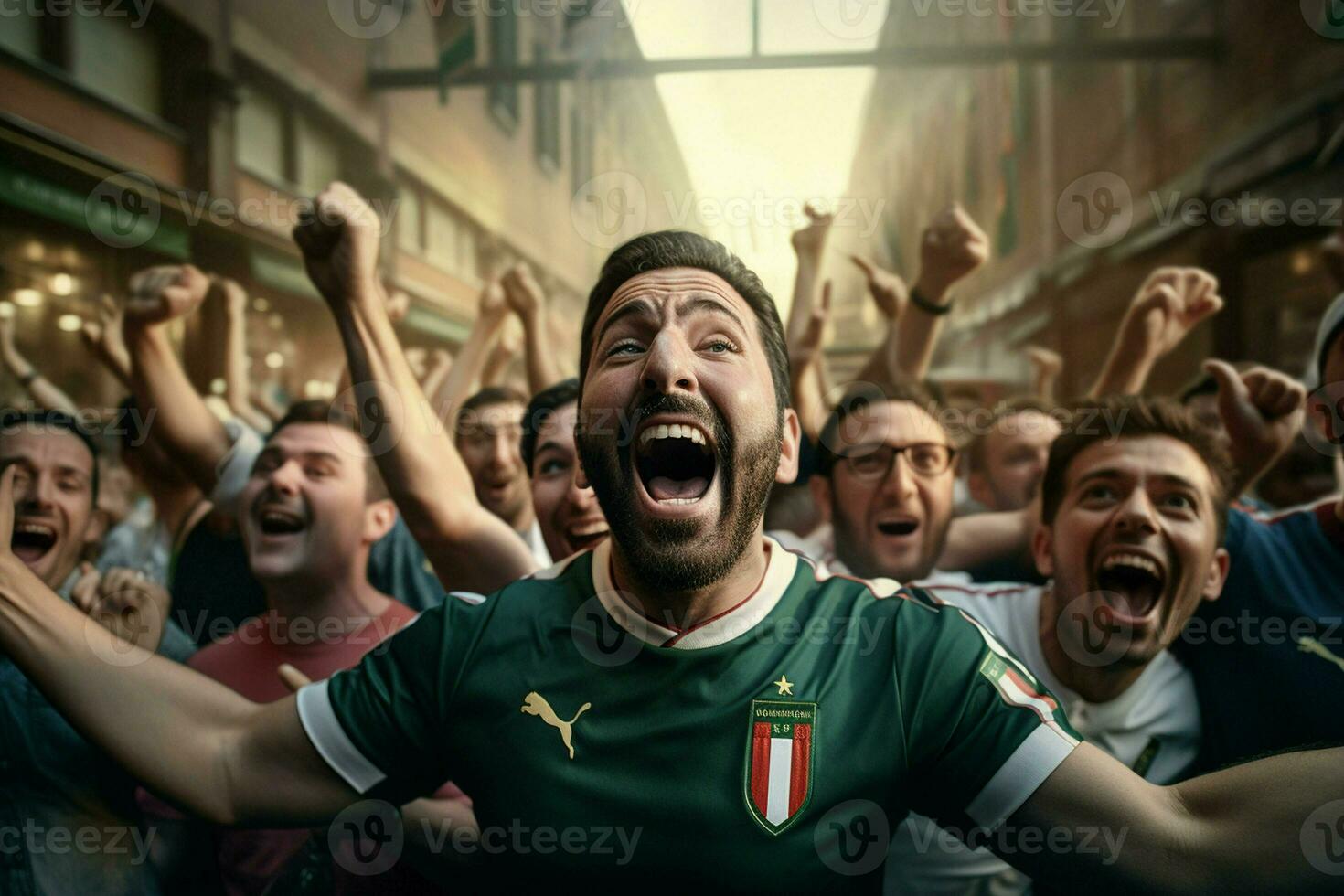 Excited Italy football fans cheering for their team during a game at stadium. ai generated pro photo