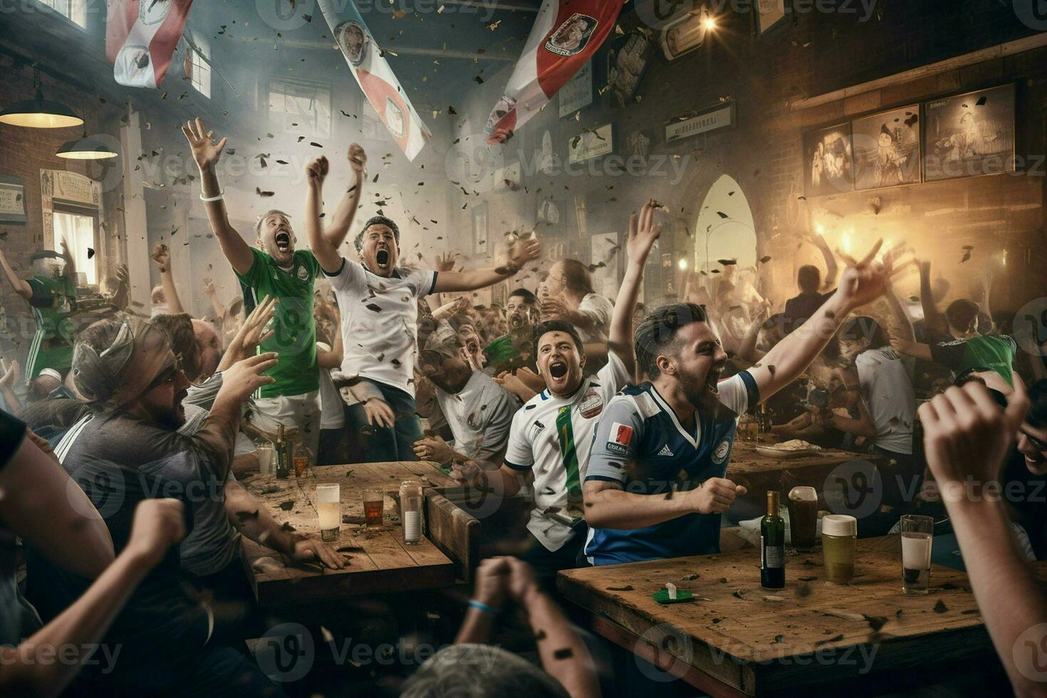 Excited Italy football fans cheering for their team during a game at stadium. ai generated pro photo