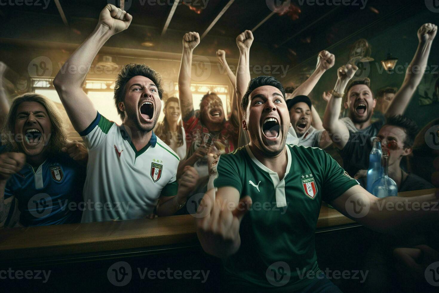 Excited Italy football fans cheering for their team during a game at stadium. ai generated pro photo