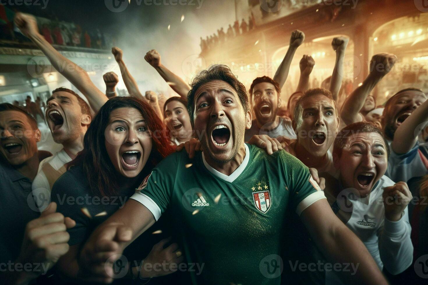 Excited Italy football fans cheering for their team during a game at stadium. ai generated pro photo