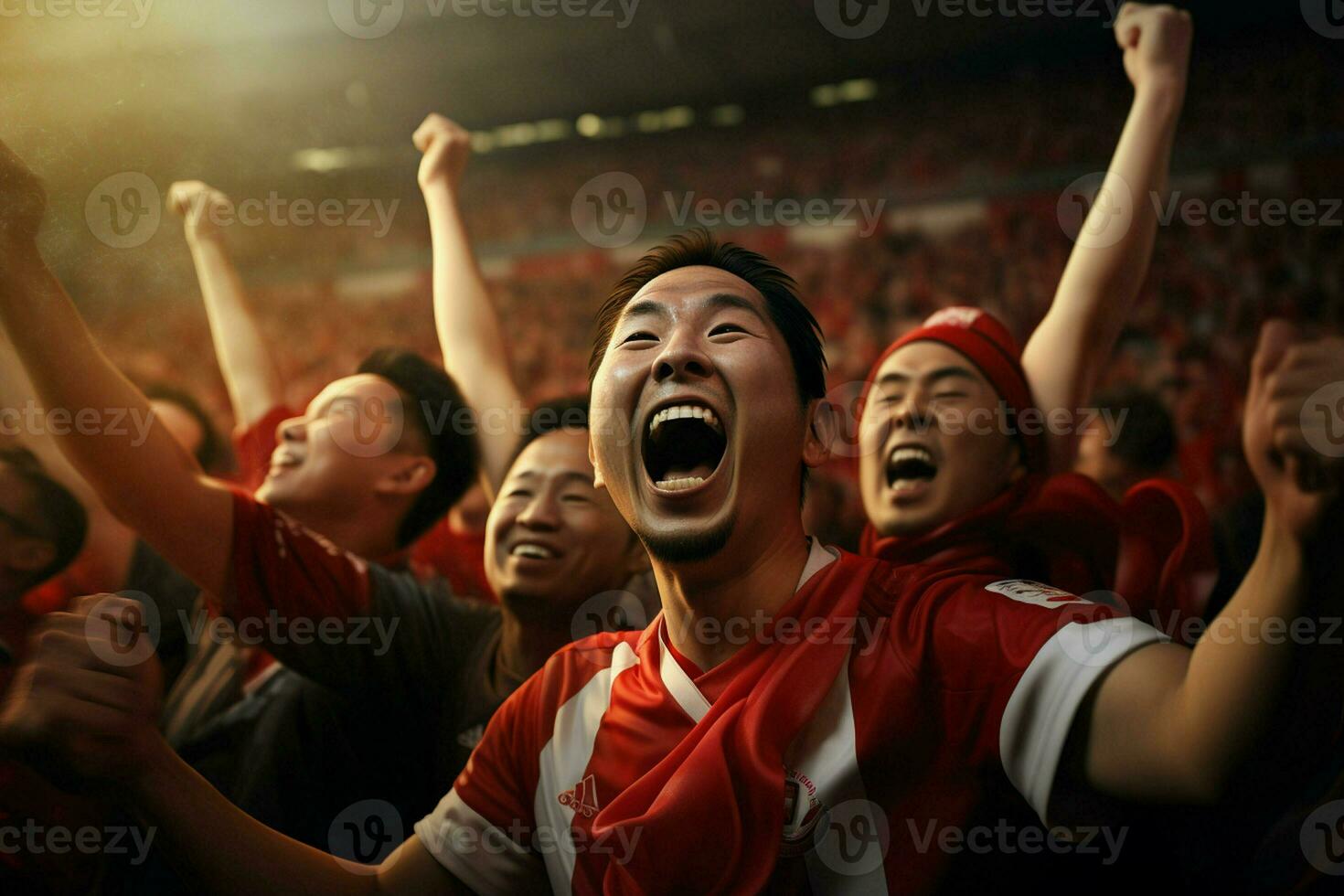 Excited Japan football fans cheering for their team during a game at stadium. ai generated pro photo