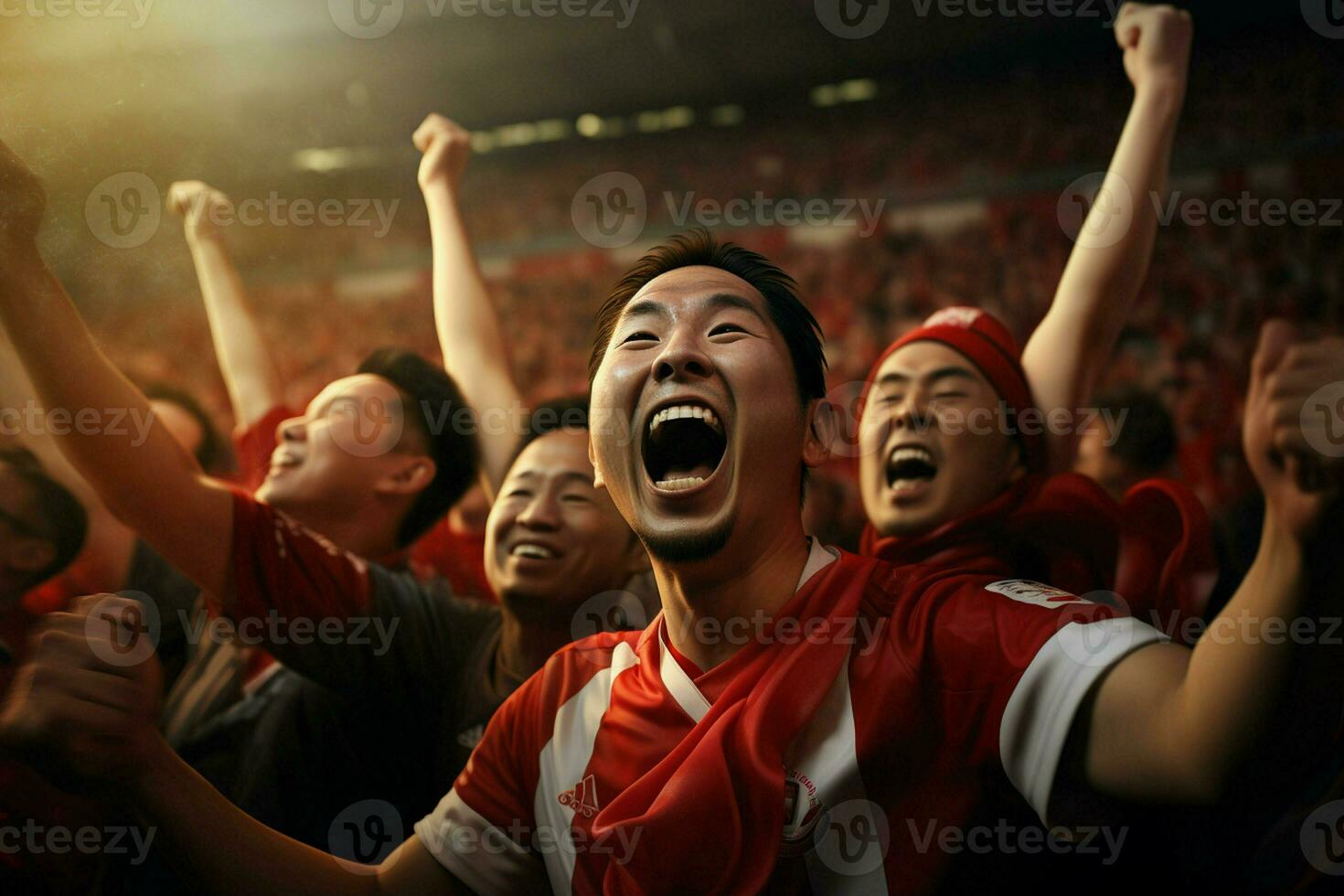 emocionado Japón fútbol americano aficionados aplausos para su equipo durante un juego a estadio. ai generado Pro foto