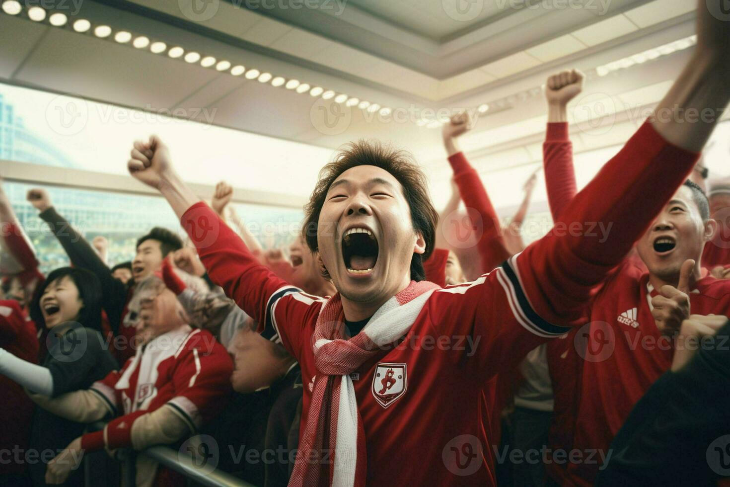 Excited Japan football fans cheering for their team during a game at stadium. ai generated pro photo