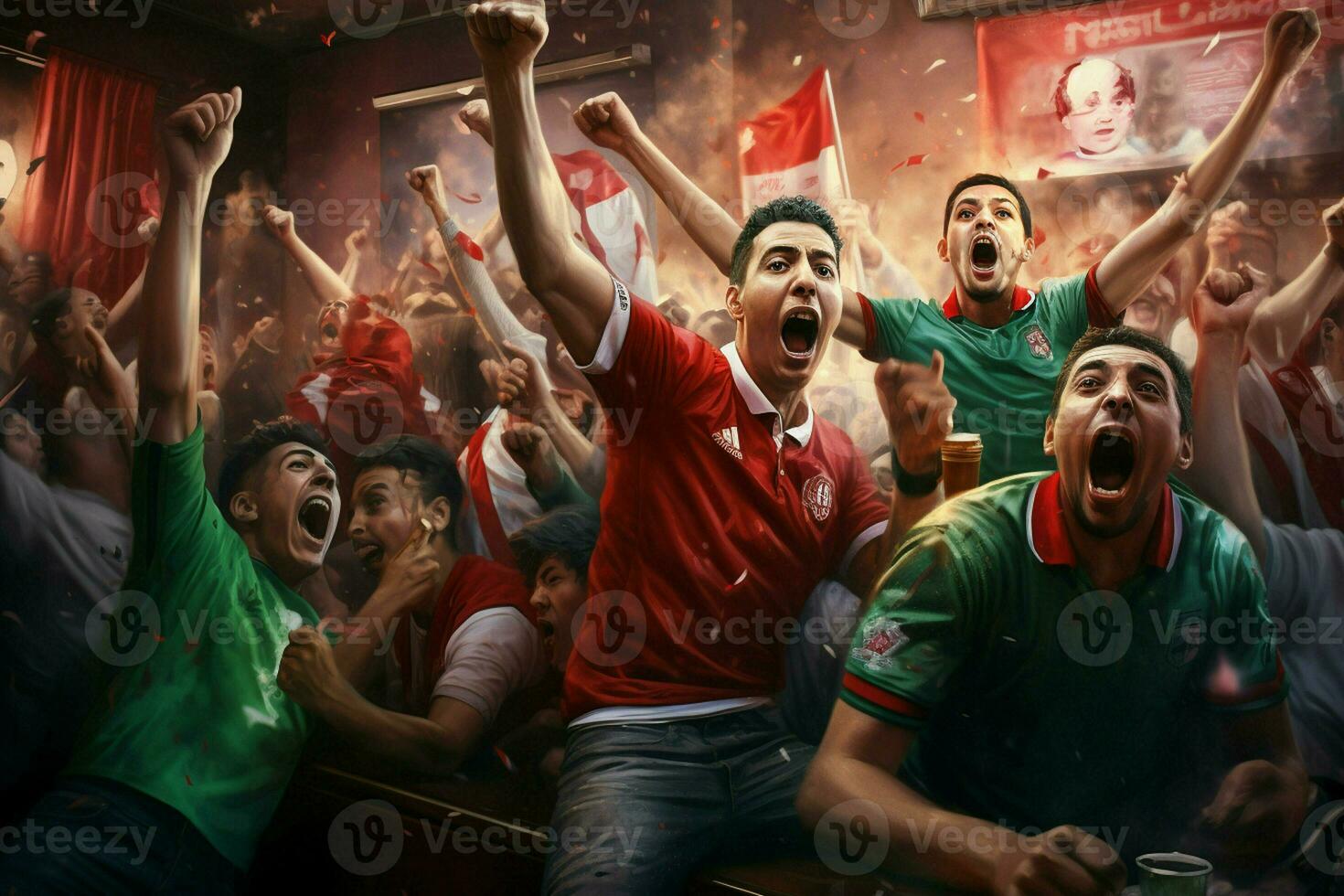 Excited Morocco football fans cheering for their team during a game at stadium. ai generated pro photo