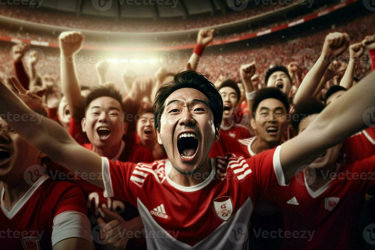 emocionado Japón fútbol americano aficionados aplausos para su equipo durante un juego a estadio. ai generado Pro foto