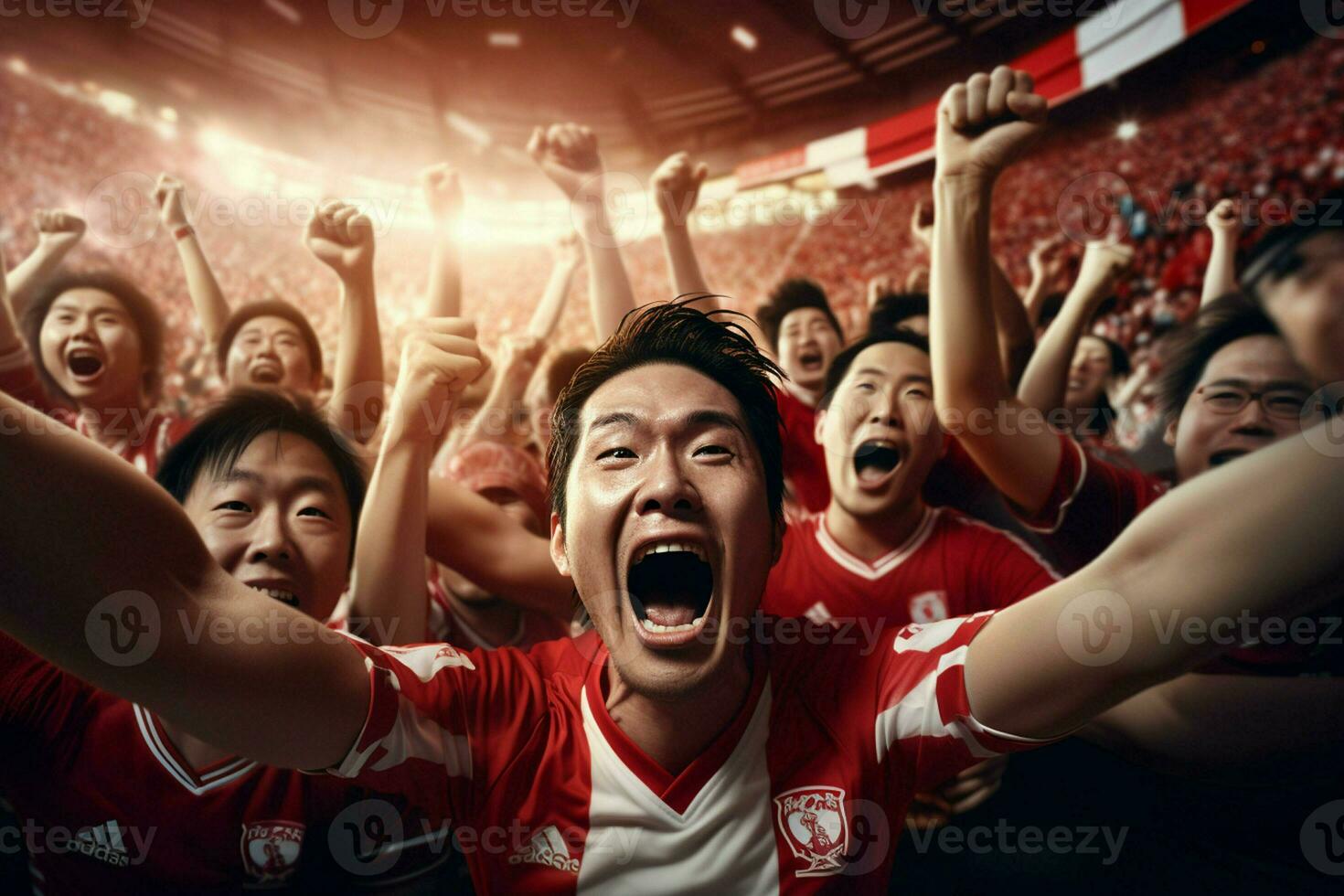 Excited Japan football fans cheering for their team during a game at stadium. ai generated pro photo