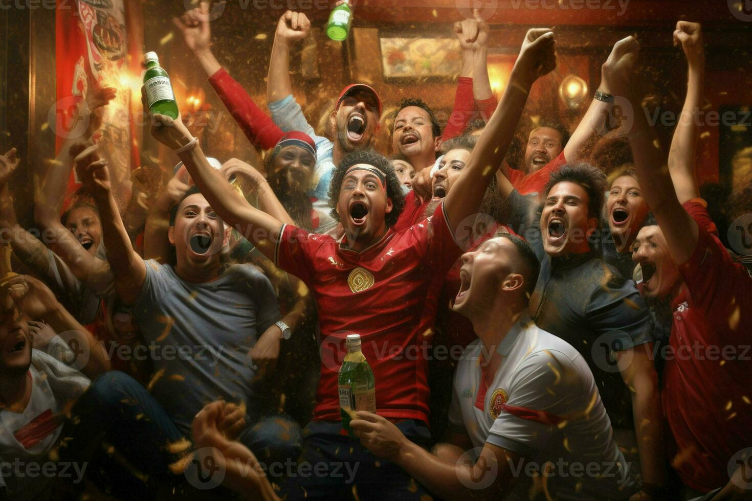 Excited Morocco football fans cheering for their team during a game at stadium. ai generated pro photo