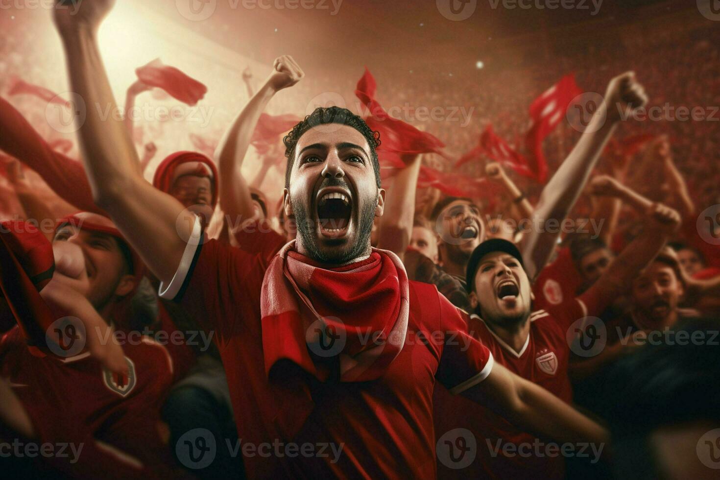 Excited Morocco football fans cheering for their team during a game at stadium. ai generated pro photo
