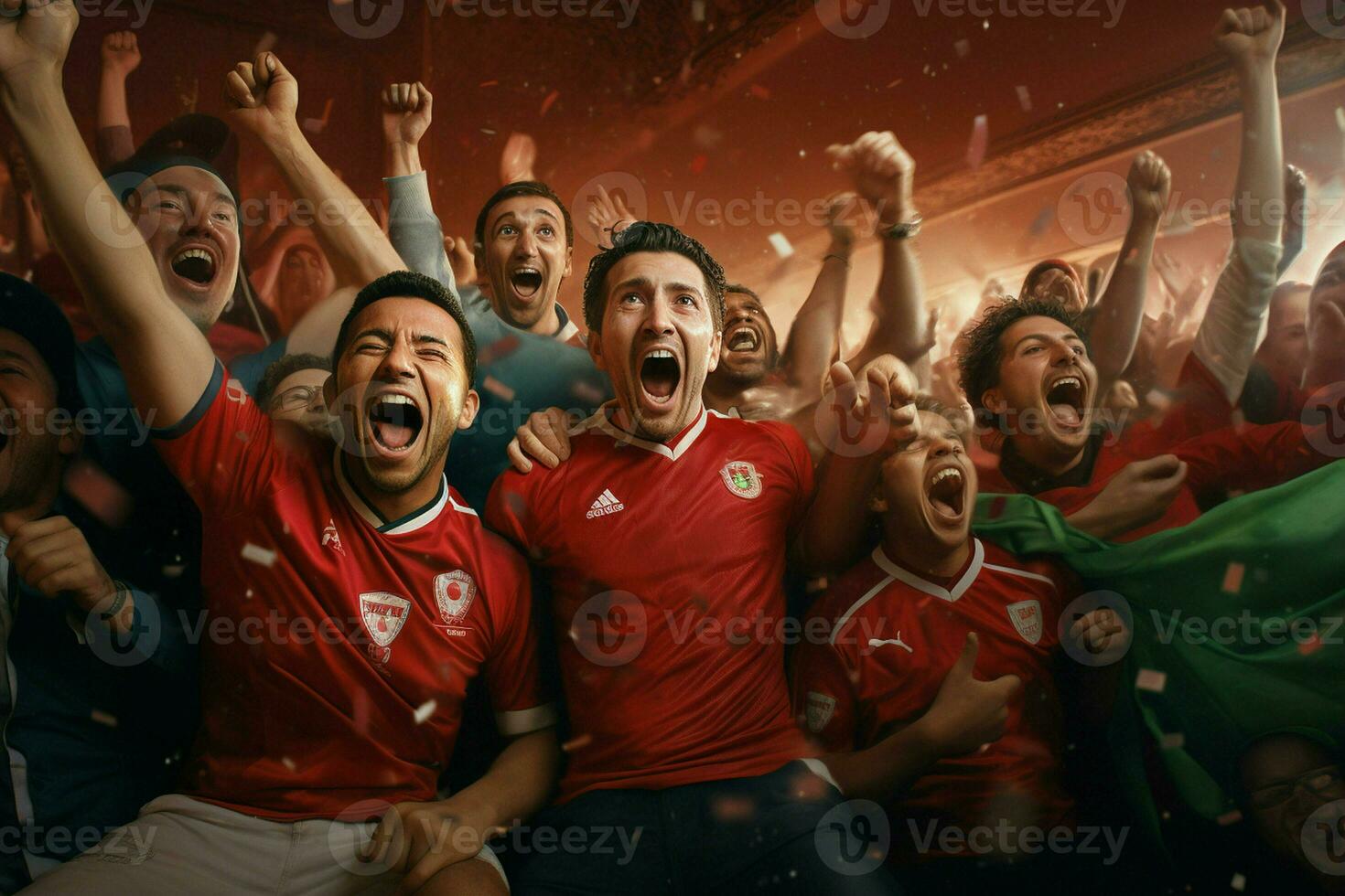 Excited Morocco football fans cheering for their team during a game at stadium. ai generated pro photo