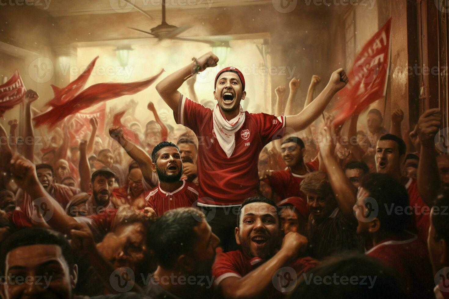 Excited Morocco football fans cheering for their team during a game at stadium. ai generated pro photo