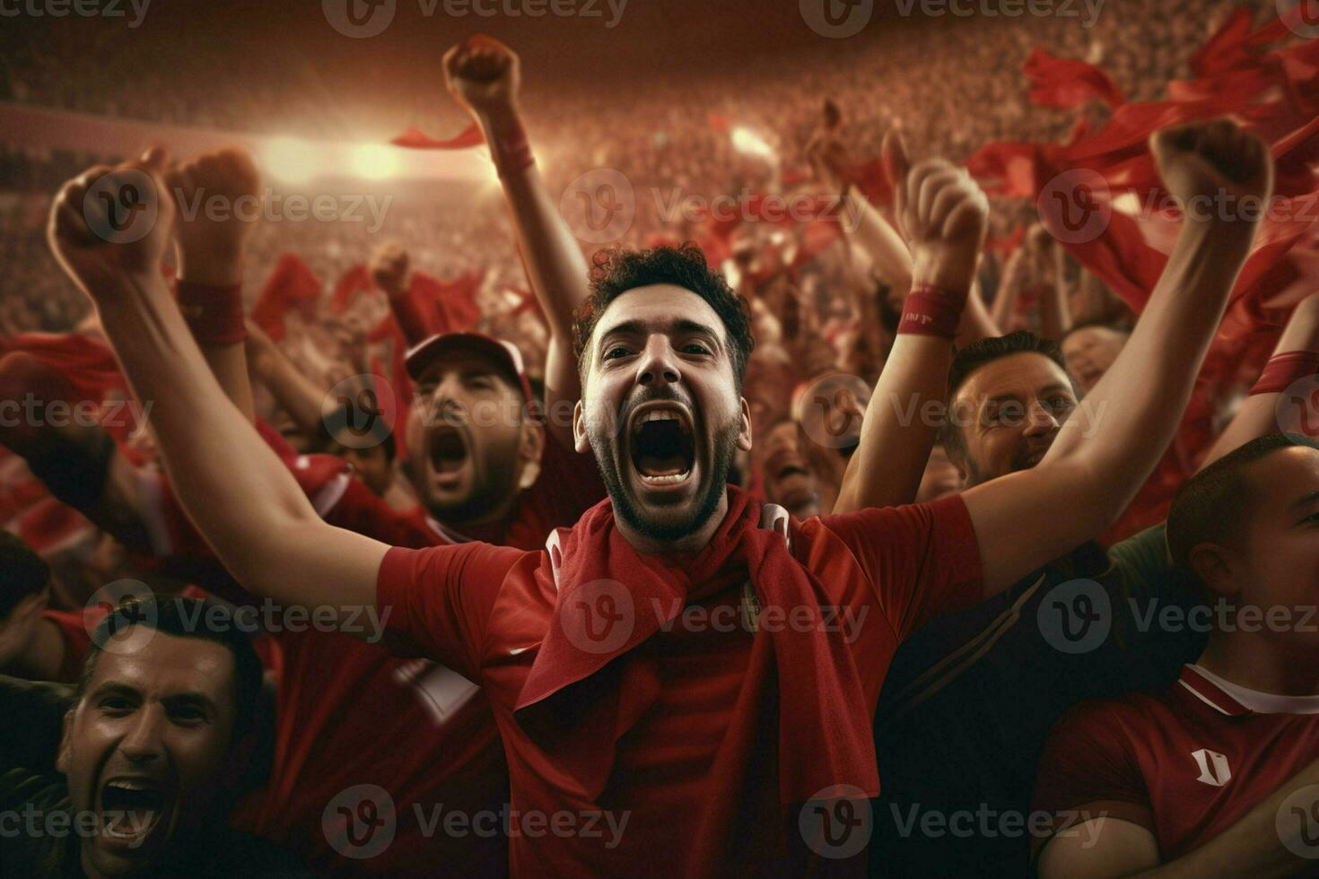 Excited Morocco football fans cheering for their team during a game at stadium. ai generated pro photo