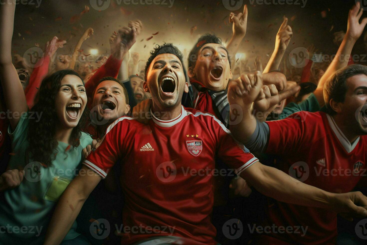 Excited Morocco football fans cheering for their team during a game at stadium. ai generated pro photo