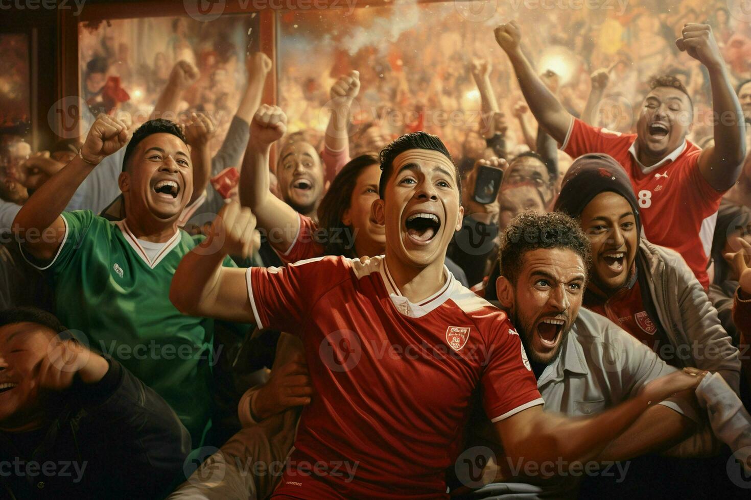 Excited Morocco football fans cheering for their team during a game at stadium. ai generated pro photo