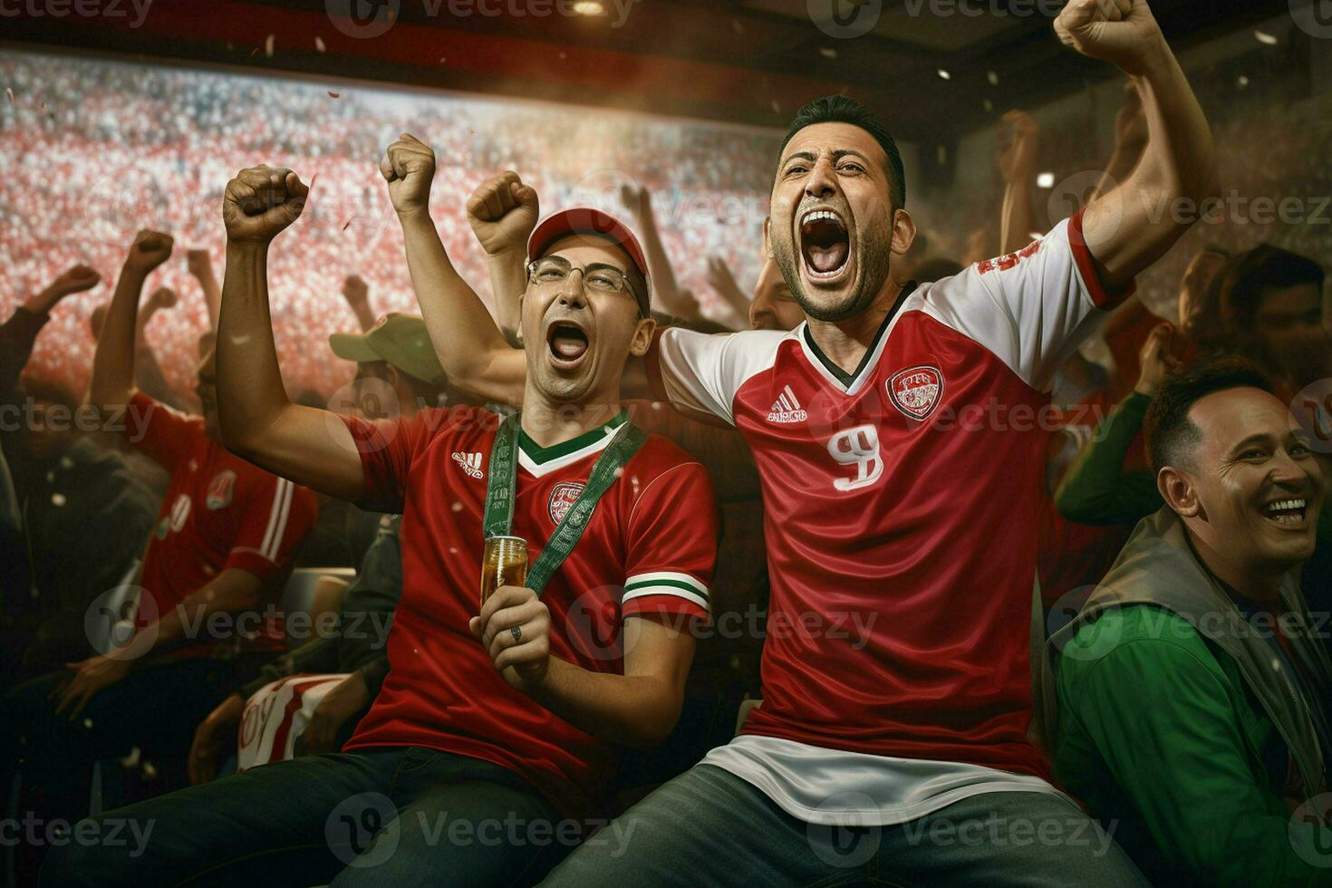 Excited Morocco football fans cheering for their team during a game at stadium. ai generated pro photo