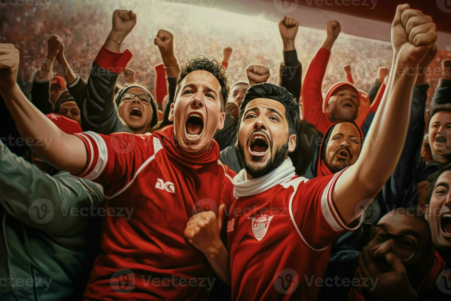 Excited Morocco football fans cheering for their team during a game at stadium. ai generated pro photo