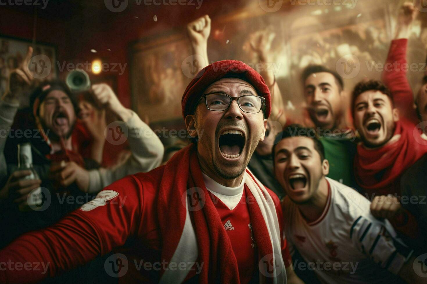 Excited Morocco football fans cheering for their team during a game at stadium. ai generated pro photo