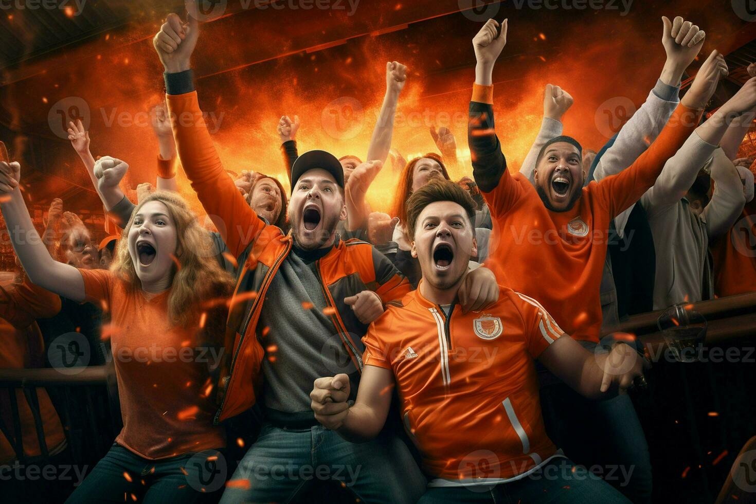 Excited Netherlands football fans cheering for their team during a game at stadium. ai generated pro photo