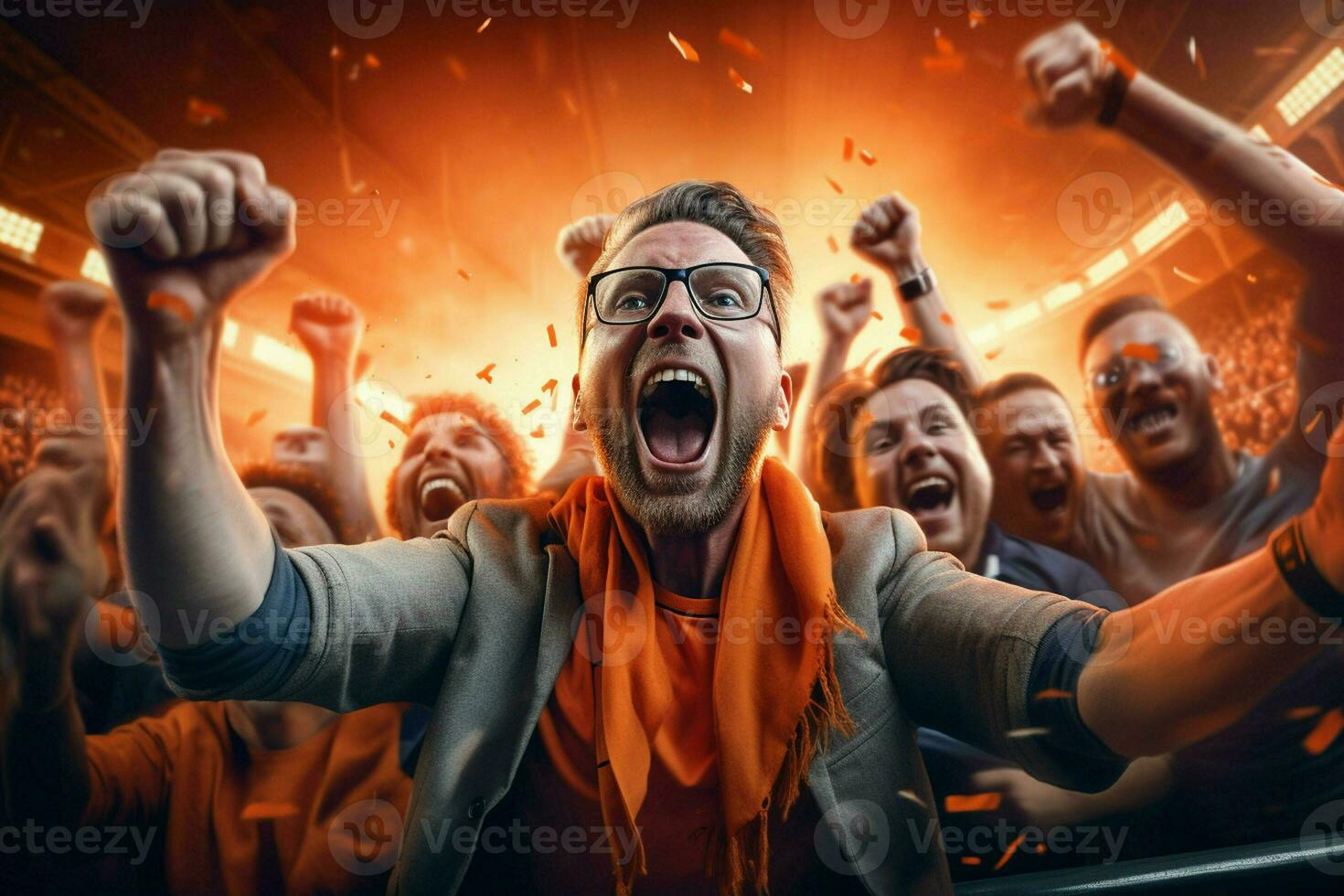 Excited Netherlands football fans cheering for their team during a game at stadium. ai generated pro photo