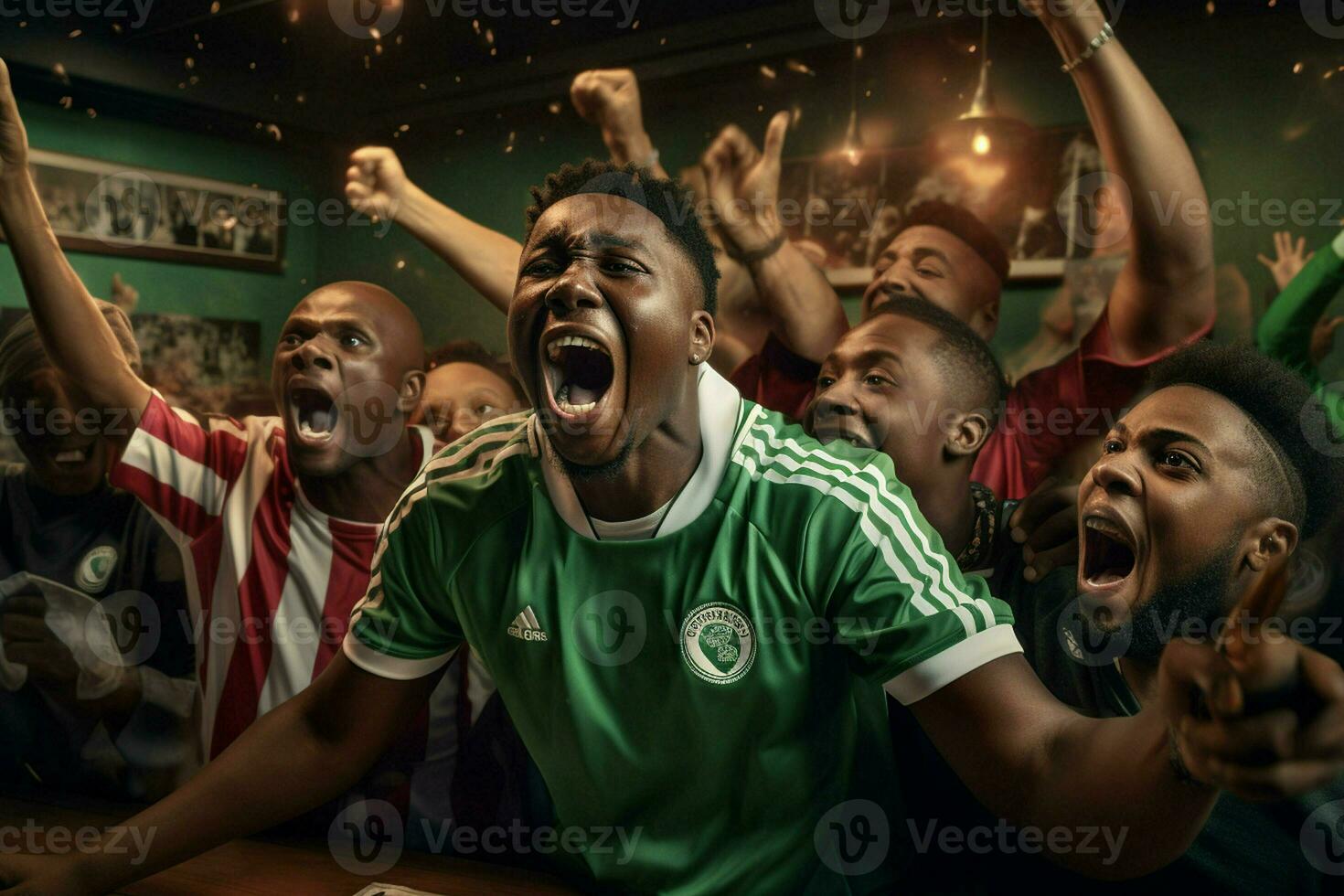 Excited Nigeria football fans cheering for their team during a game at stadium. ai generated pro photo