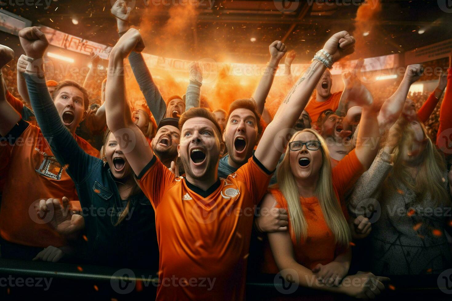 Excited Netherlands football fans cheering for their team during a game at stadium. ai generated pro photo
