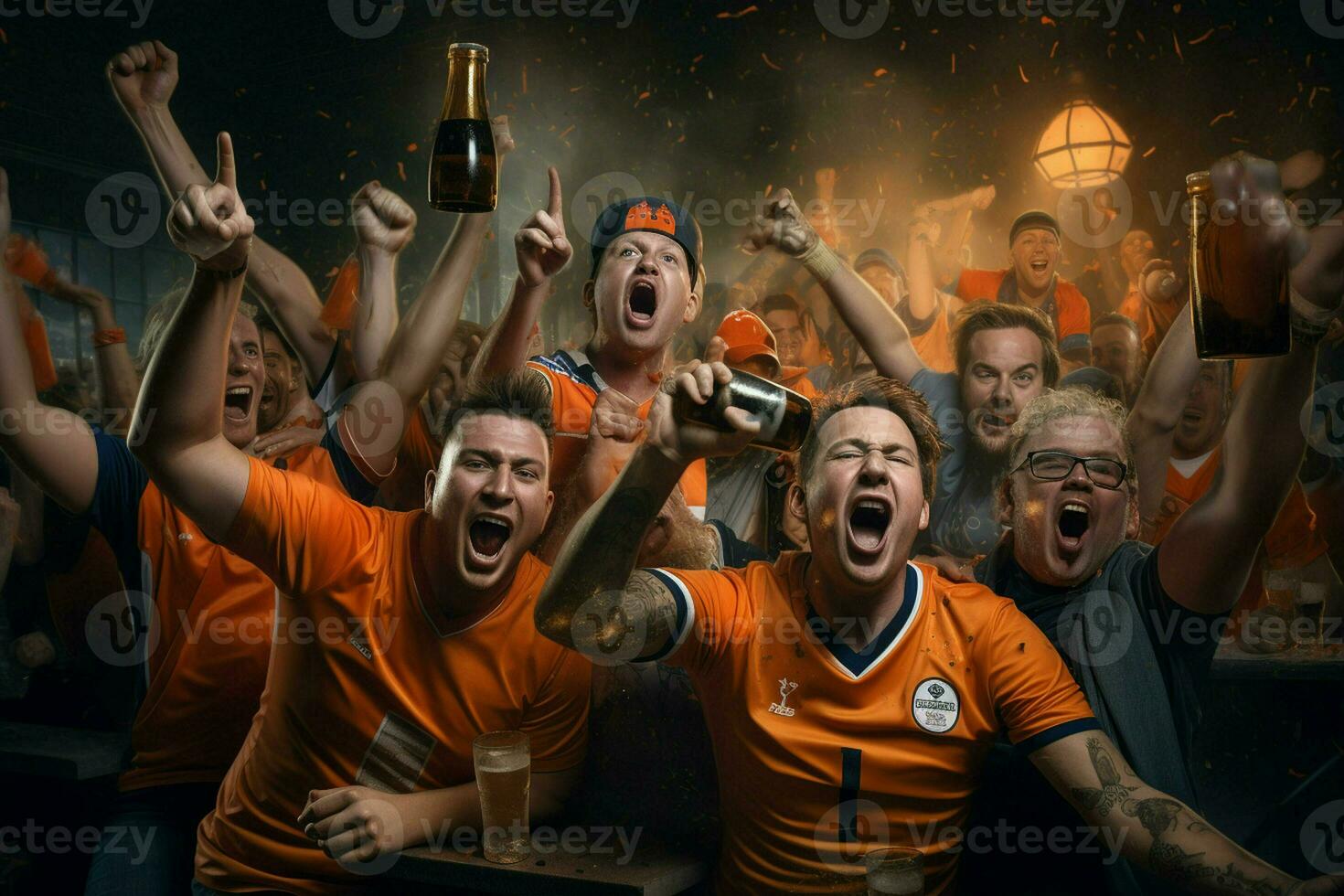 Excited Netherlands football fans cheering for their team during a game at stadium. ai generated pro photo