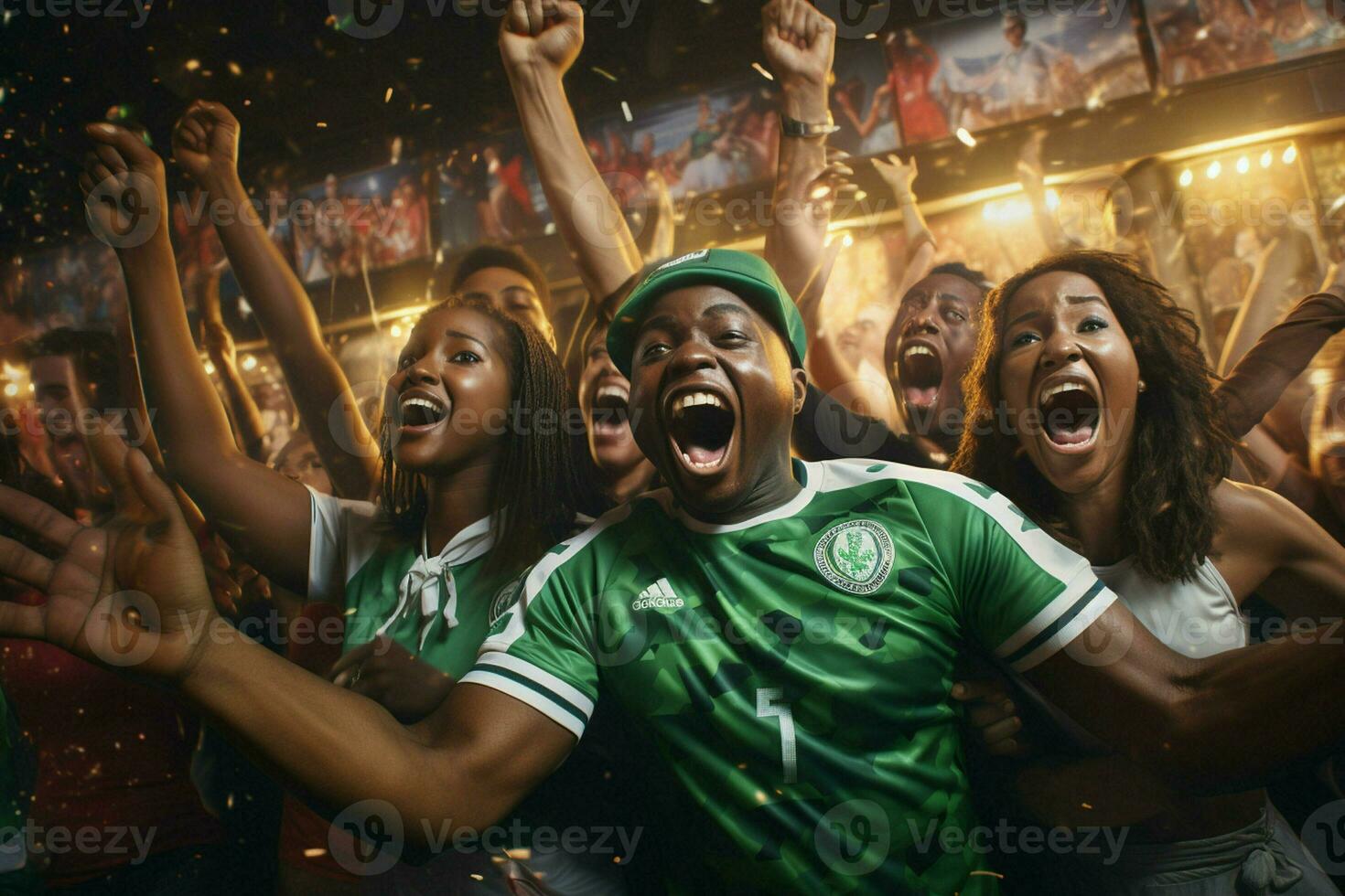 Excited Nigeria football fans cheering for their team during a game at stadium. ai generated pro photo