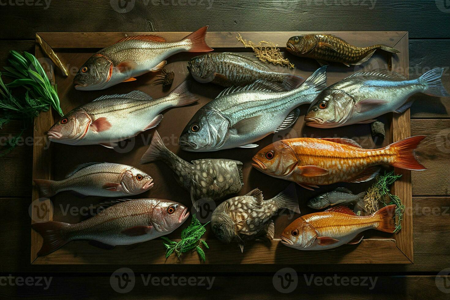 surtido de Fresco pescado en un de madera antecedentes. parte superior vista. ai generado Pro foto