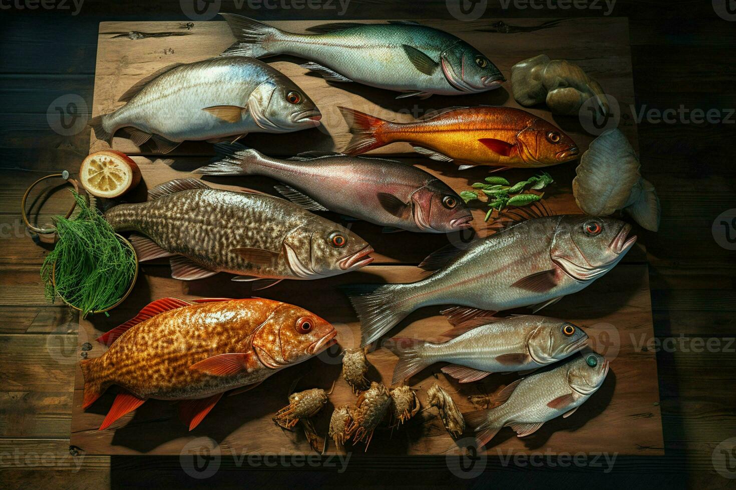 Assortment of fresh fish on a wooden background. Top view. ai generated pro photo