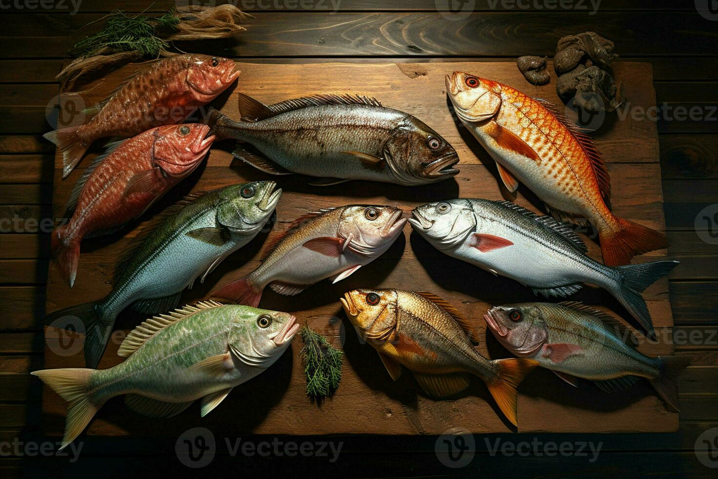 surtido de Fresco pescado en un de madera antecedentes. parte superior vista. ai generado Pro foto