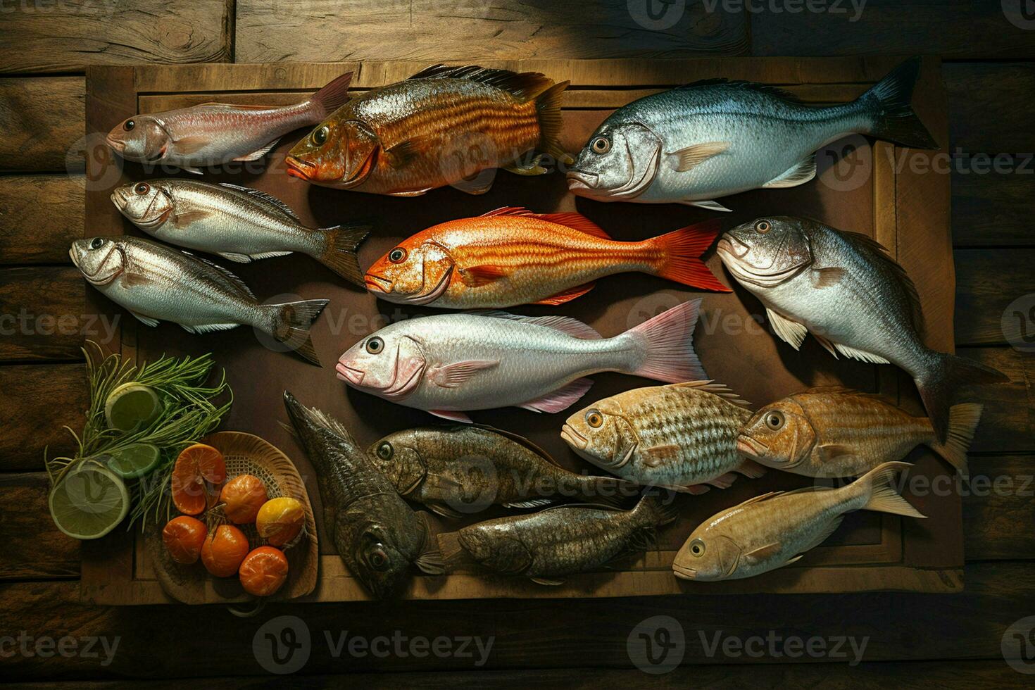 Assortment of fresh fish on a wooden background. Top view. ai generated pro photo